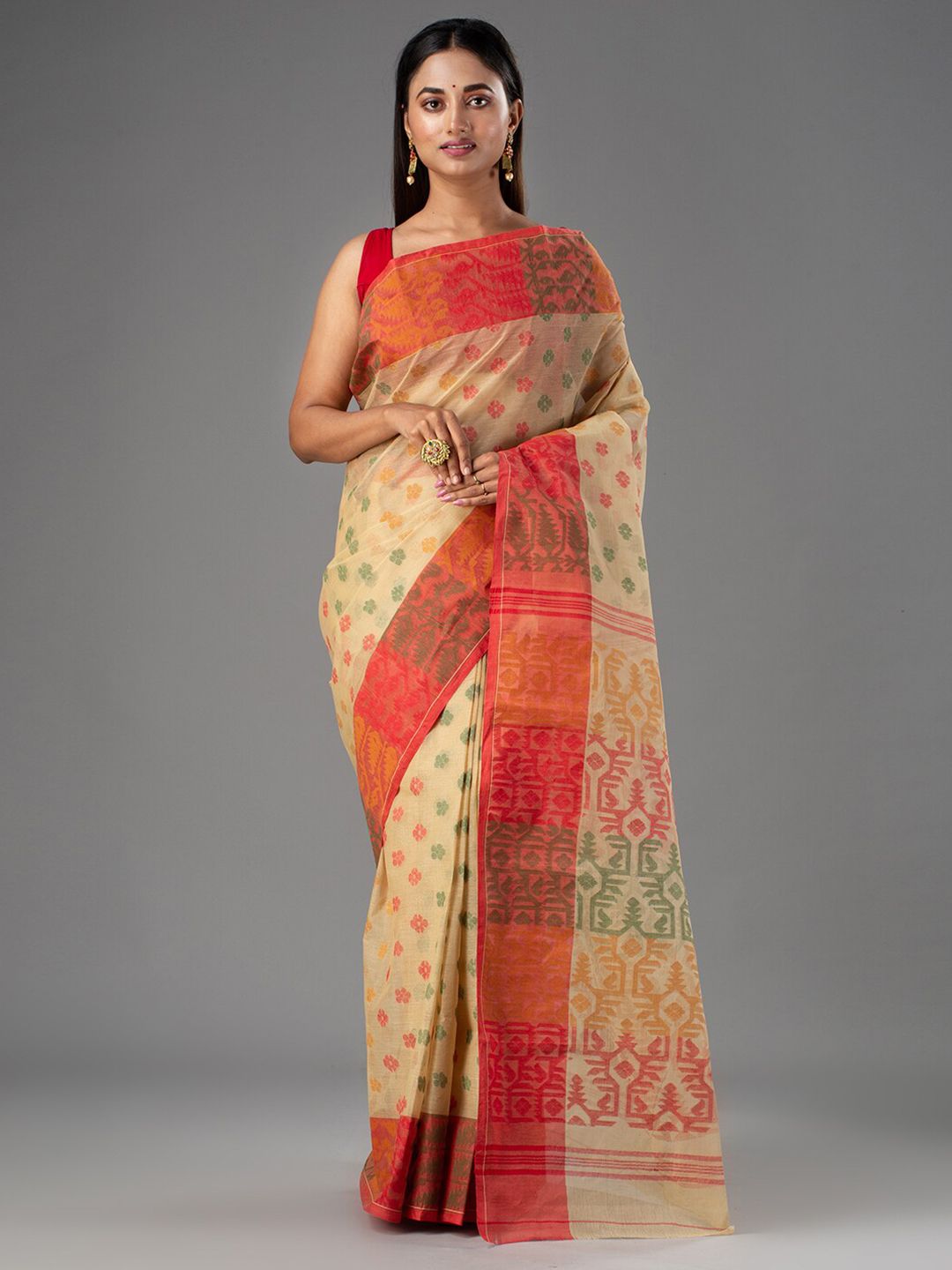 Mitera Beige & Red Ethnic Motifs Pure Cotton Jamdani Saree Price in India