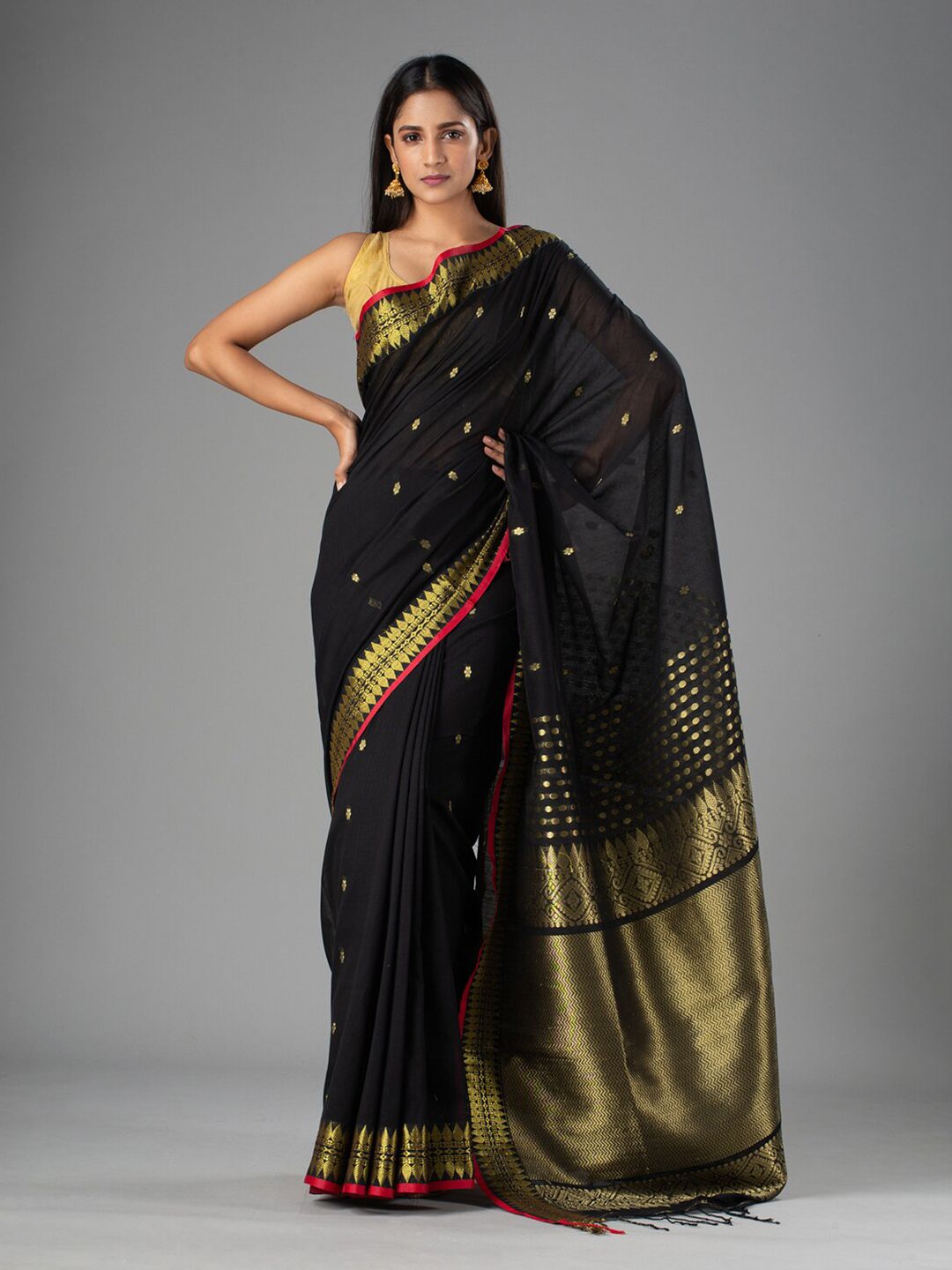 Mitera Black & Gold-Toned Ethnic Motifs Zari Pure Cotton Saree Price in India