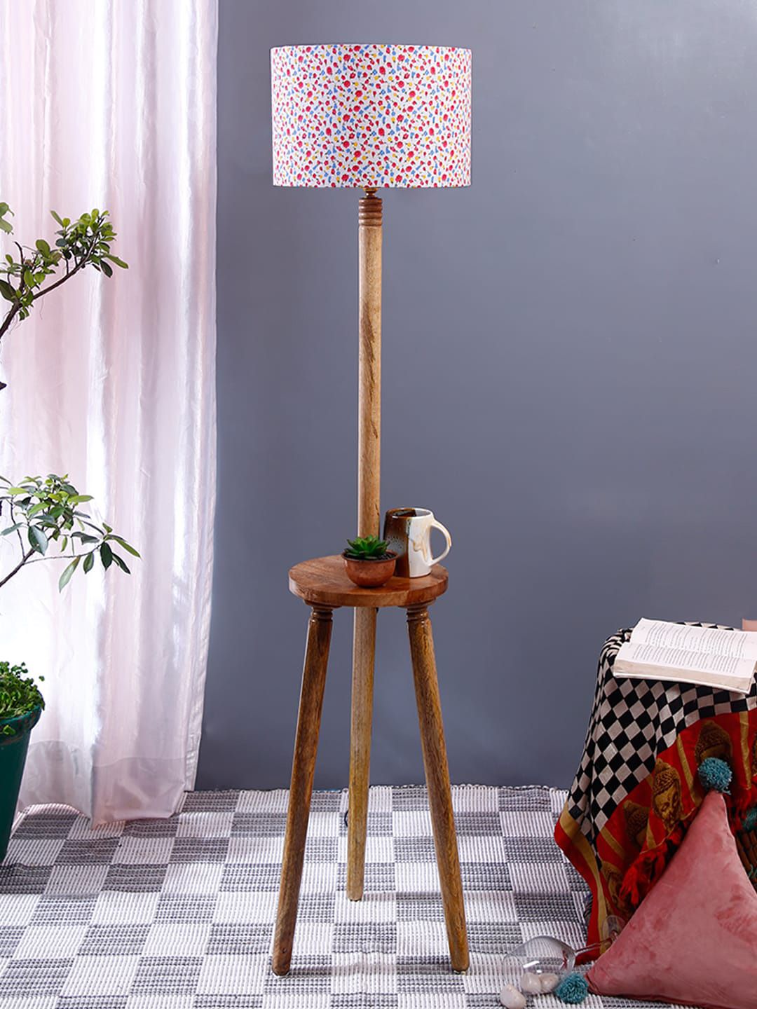 Devansh White & Red Printed Cotton Drum With Wooden Table Floor Lamp Price in India