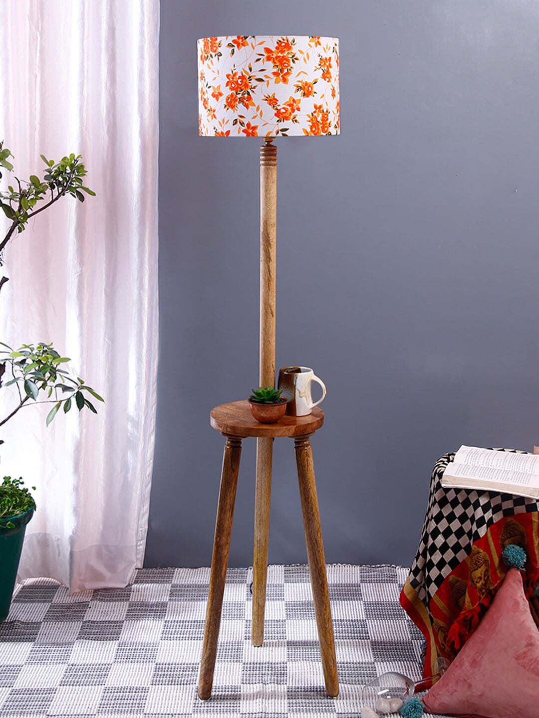 Devansh Multicoloured Floral Print Floor Lamp With Cotton Shade Price in India