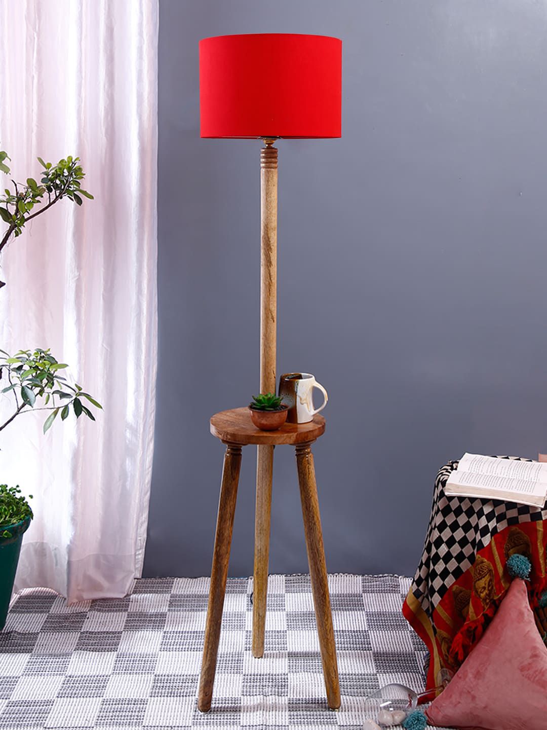 Devansh Red Cotton Drum Shade Wood Floor Lamp Price in India
