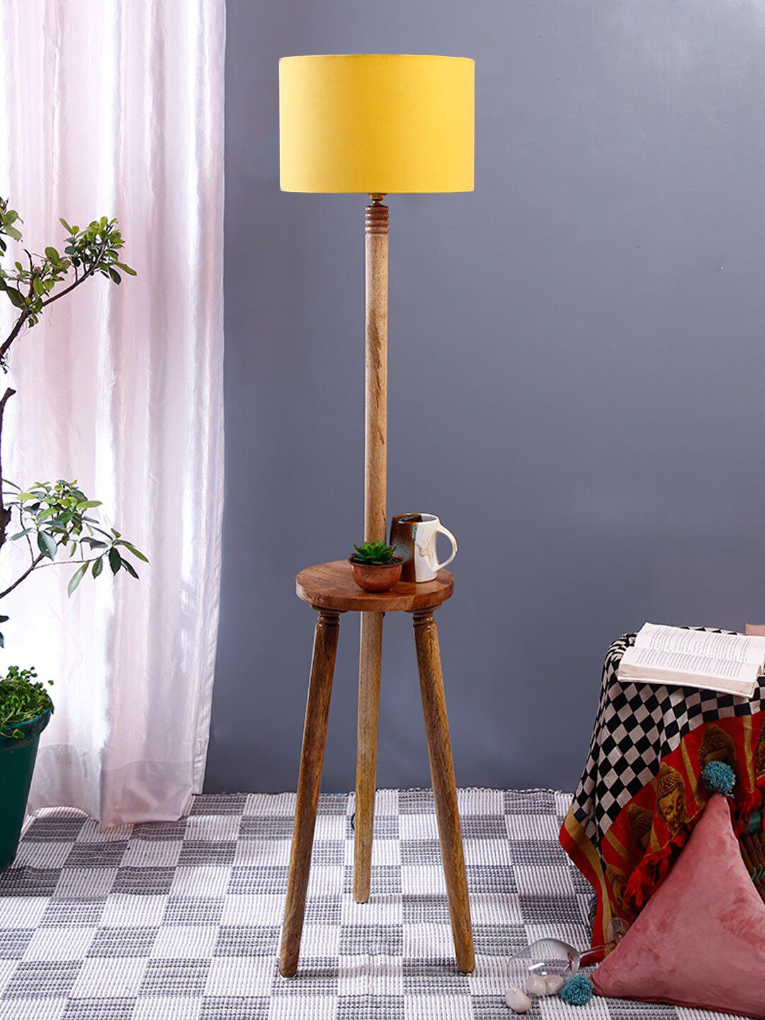 Devansh Yellow Wooden Table Floor Lamp with Cotton Shade Price in India