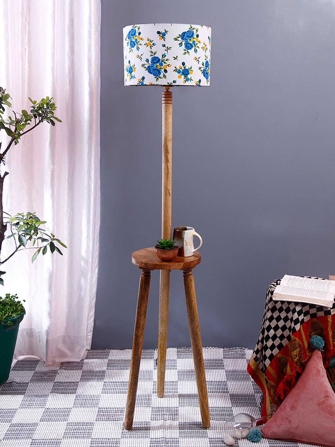 Devansh White & Blue Printed Cotton Drum With Wooden Table Floor Lamp Price in India