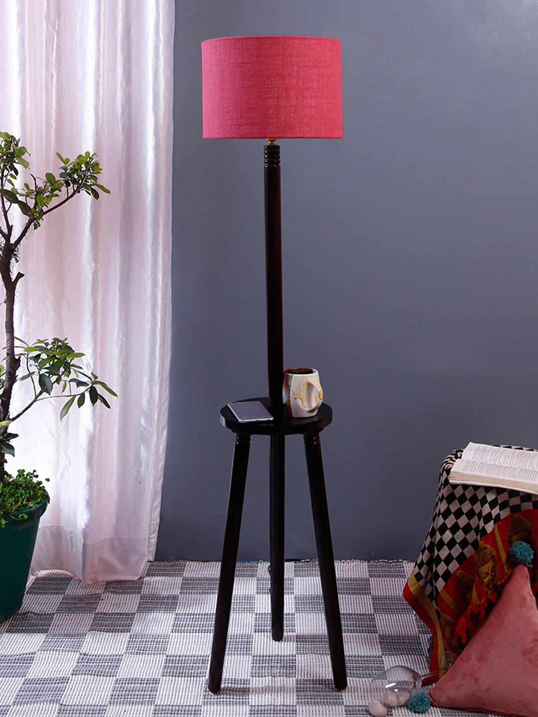 Devansh Pink Wooden Table Floor Lamp with Jute Shade Price in India