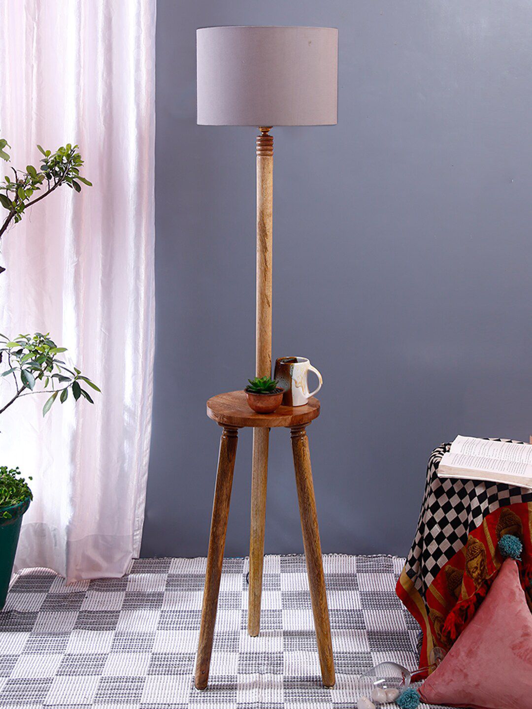 Devansh Grey Cotton Drum Shade Wood Floor Lamp Price in India