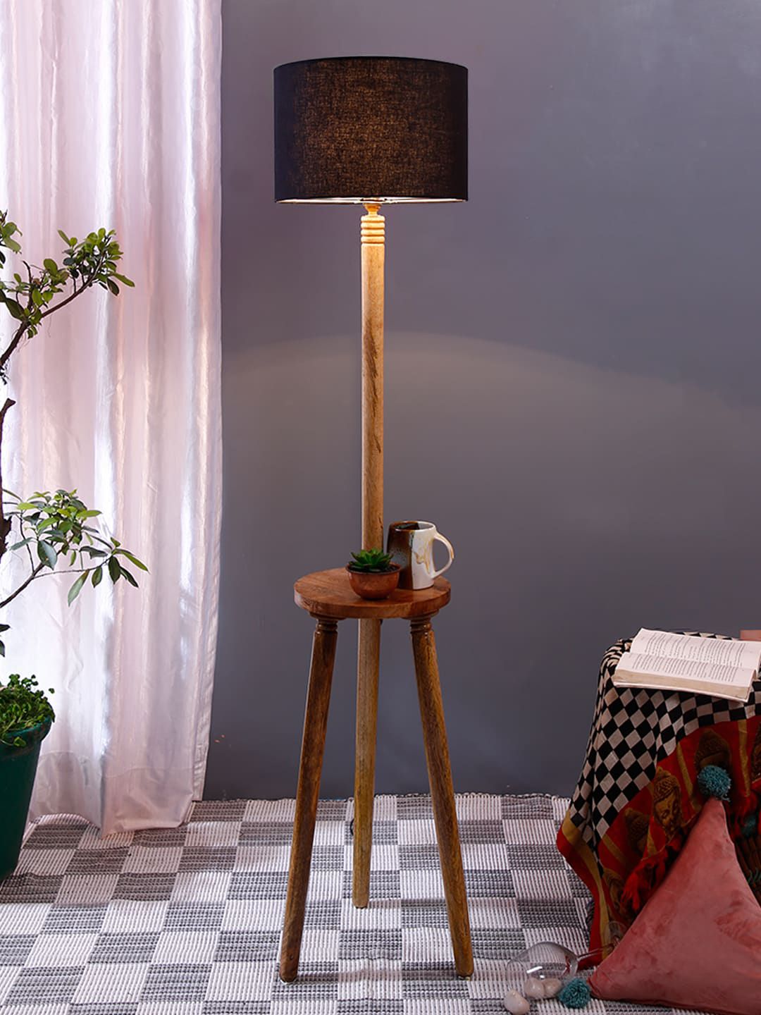 Devansh Black Wooden Table Floor Lamp with Cotton Shade Price in India