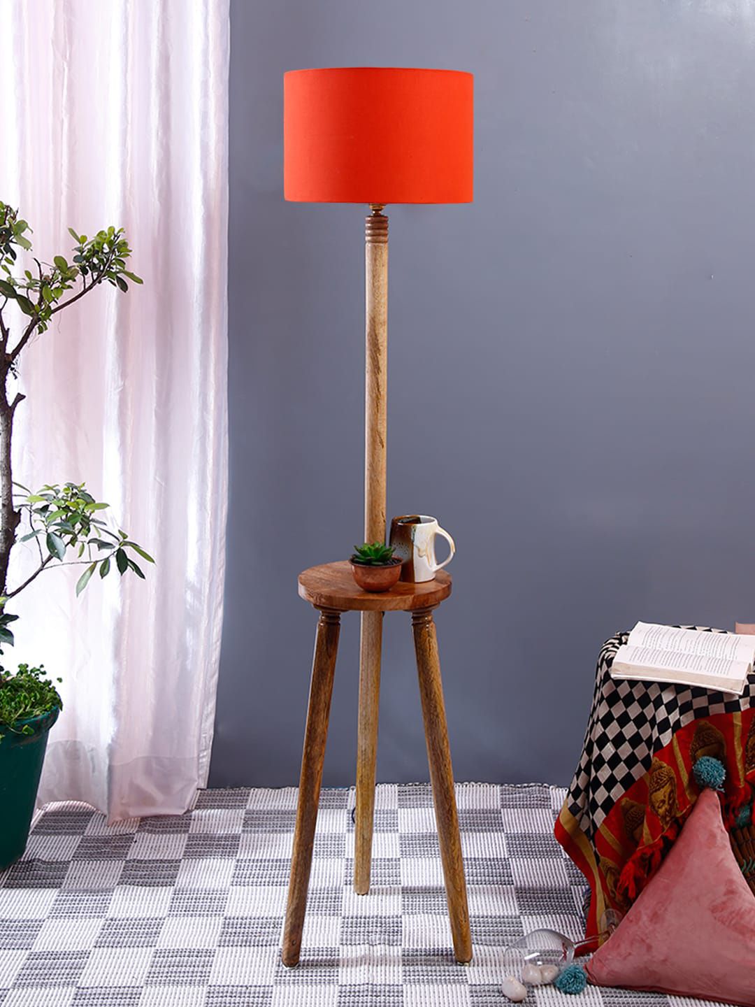 Devansh Orange  Cotton Drum Shade Wood Floor Lamp Price in India