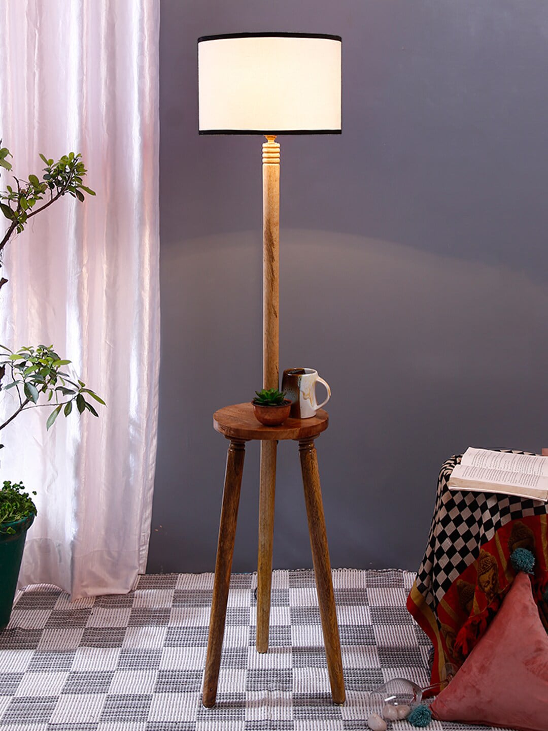 Devansh White & Black Wooden Table Floor Lamp with Cotton Shade Price in India