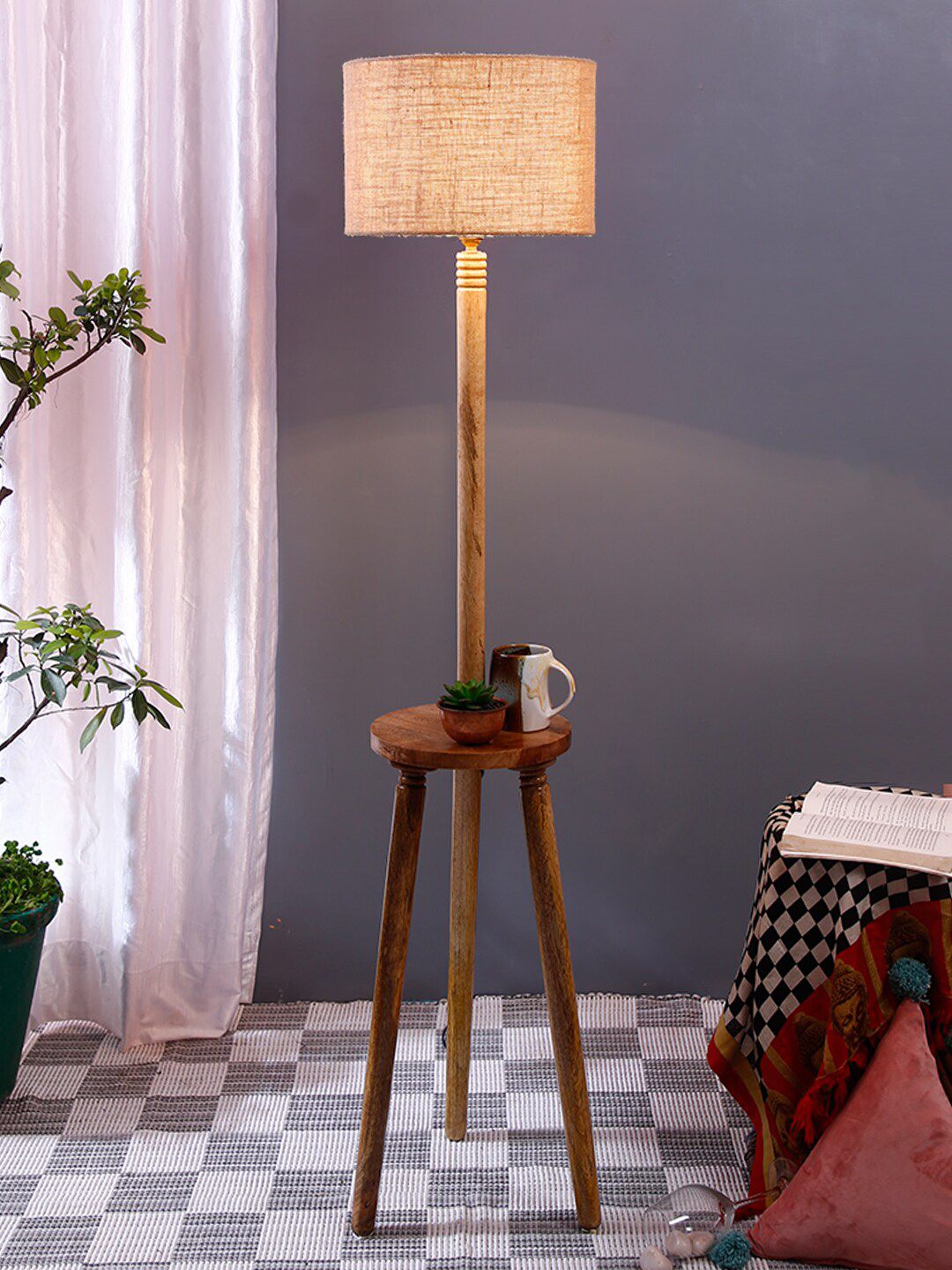 Devansh Beige Jute Drum Shade Wood Floor Lamp Price in India