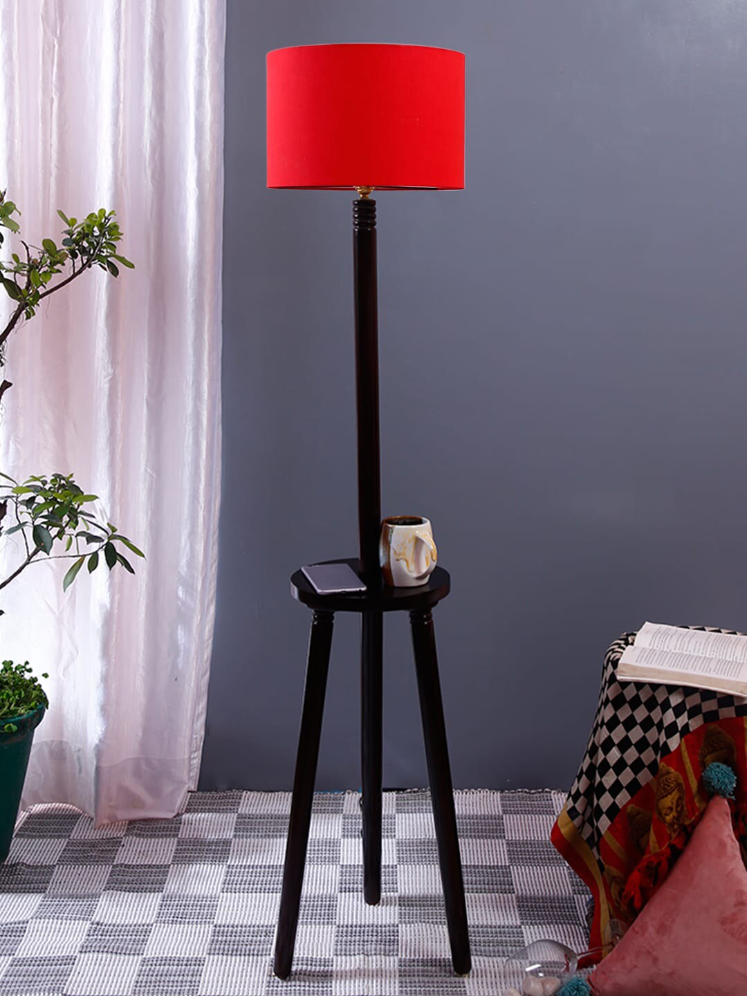 Devansh Red Solid Floor Lamp With Cotton Shade Price in India