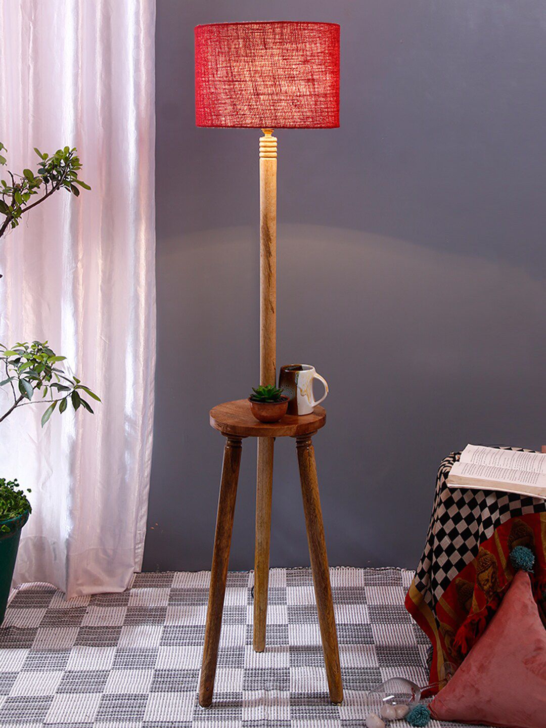 Devansh Maroon Solid Jute Drum With Wooden Table Floor Lamp Price in India