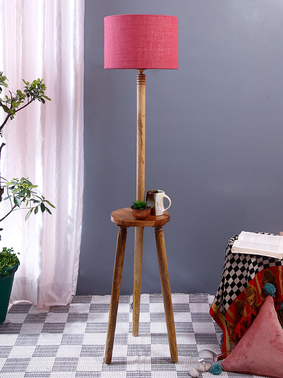 Devansh Pink Solid Jute Drum With Wooden Table Floor Lamp Price in India