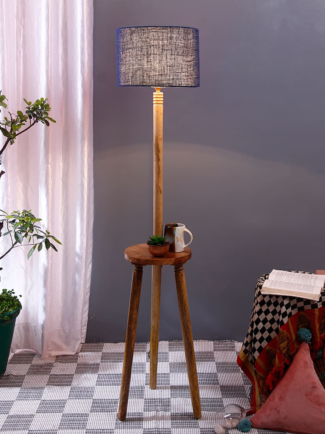 Devansh Blue Wooden Table Floor Lamp with Jute Shade Price in India