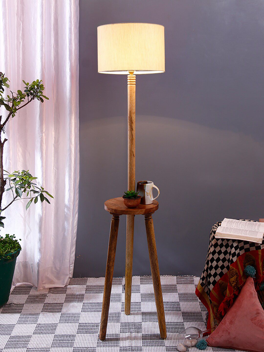 Devansh Off-White Wooden Table Floor Lamp with Cotton Shade Price in India