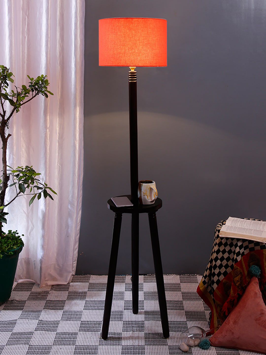 Devansh Orange Solid Cotton Drum With Wooden Table Floor Lamp Price in India