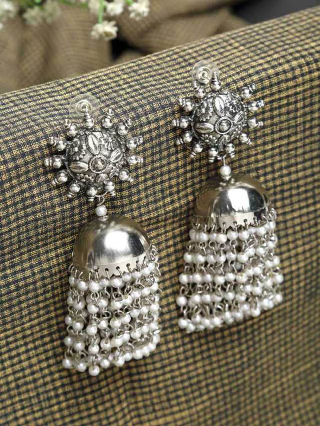 Vembley Silver-Toned Dome Shaped Jhumkas Earrings Price in India