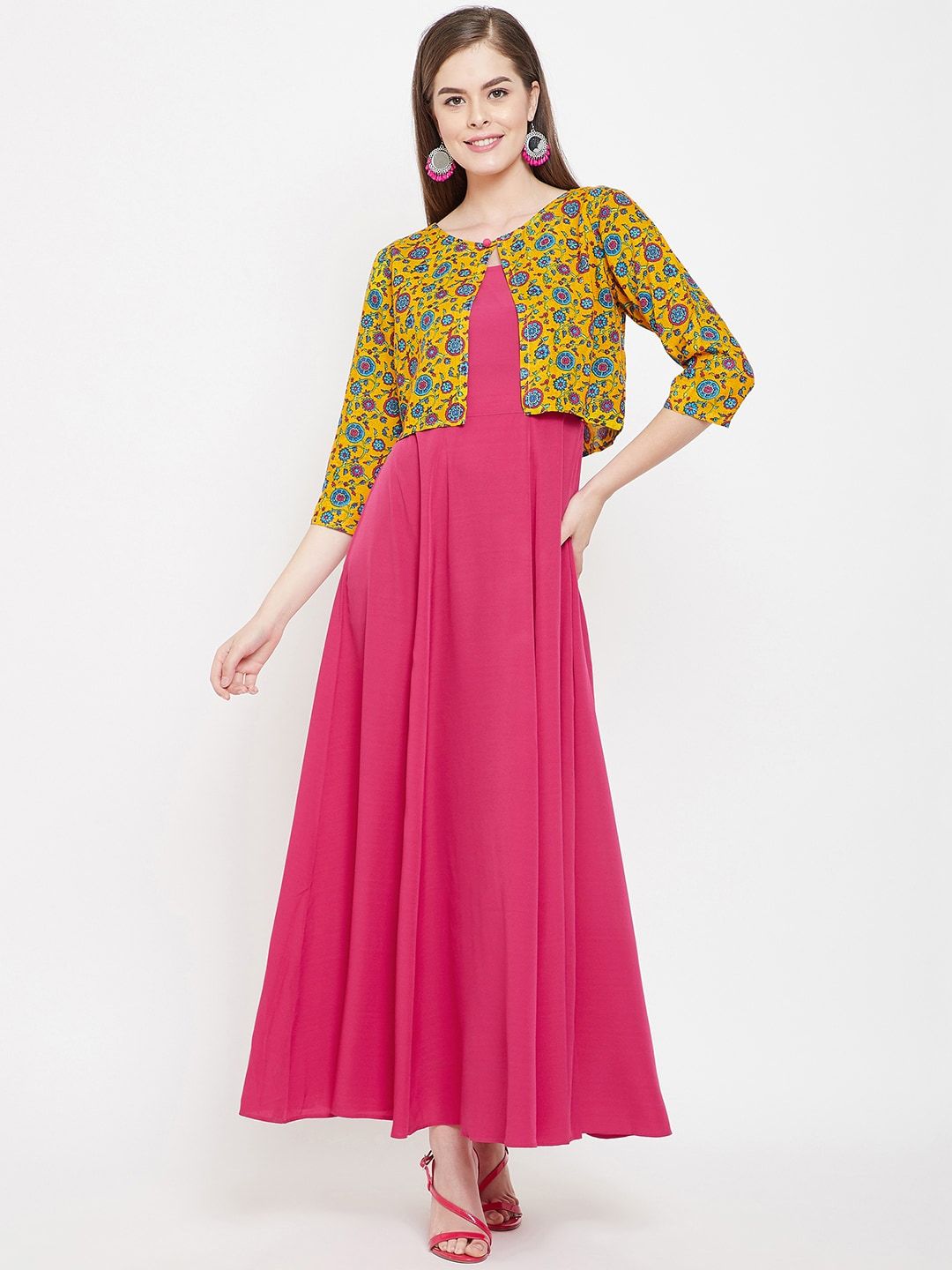 PANIT Yellow & Pink Ethnic A-Line Cotton Maxi Dress With Jacket Price in India