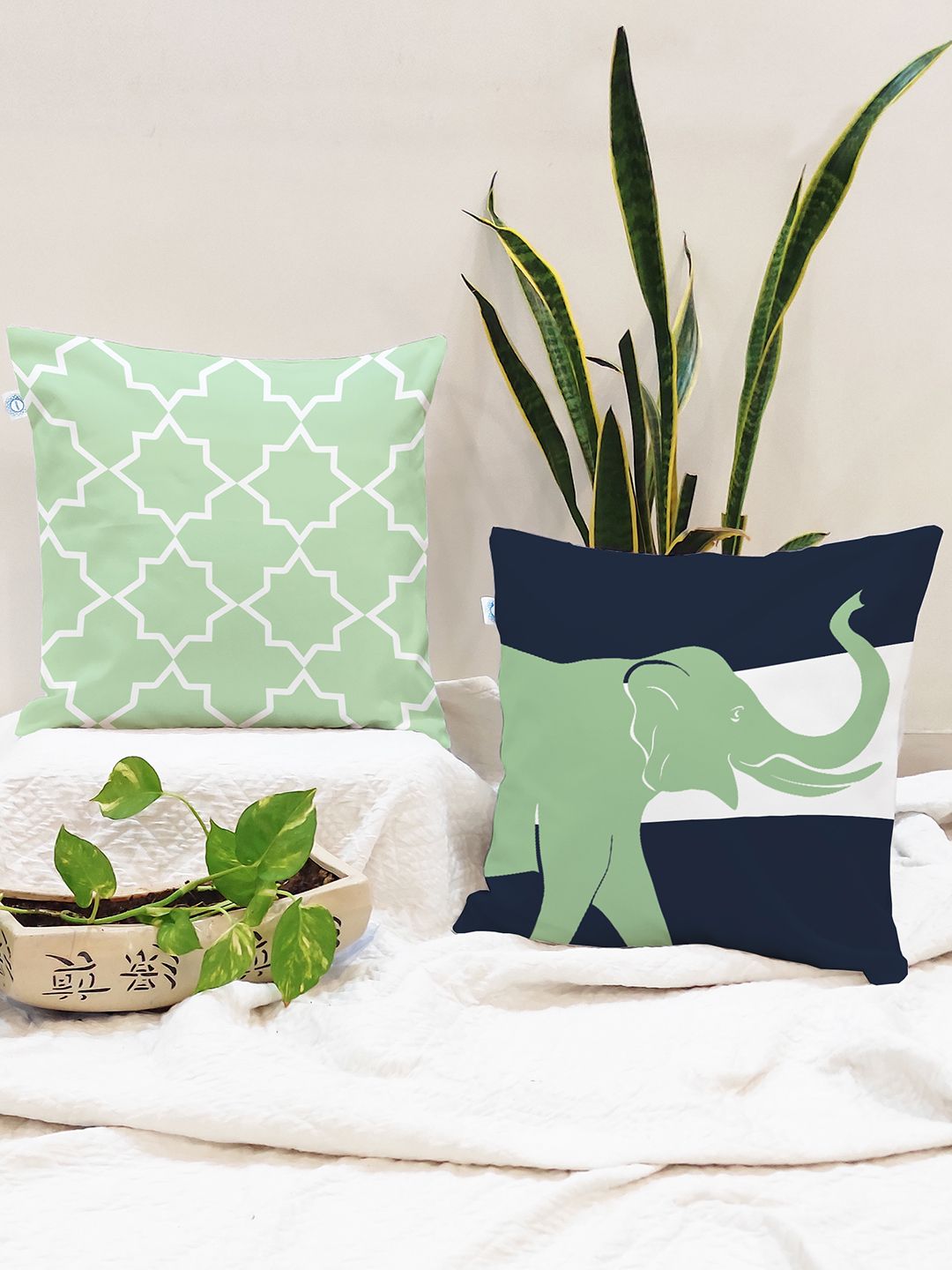 STITCHNEST Green Geometric Cotton Lightweight 2 Piece Square Cushion Covers -24x24In