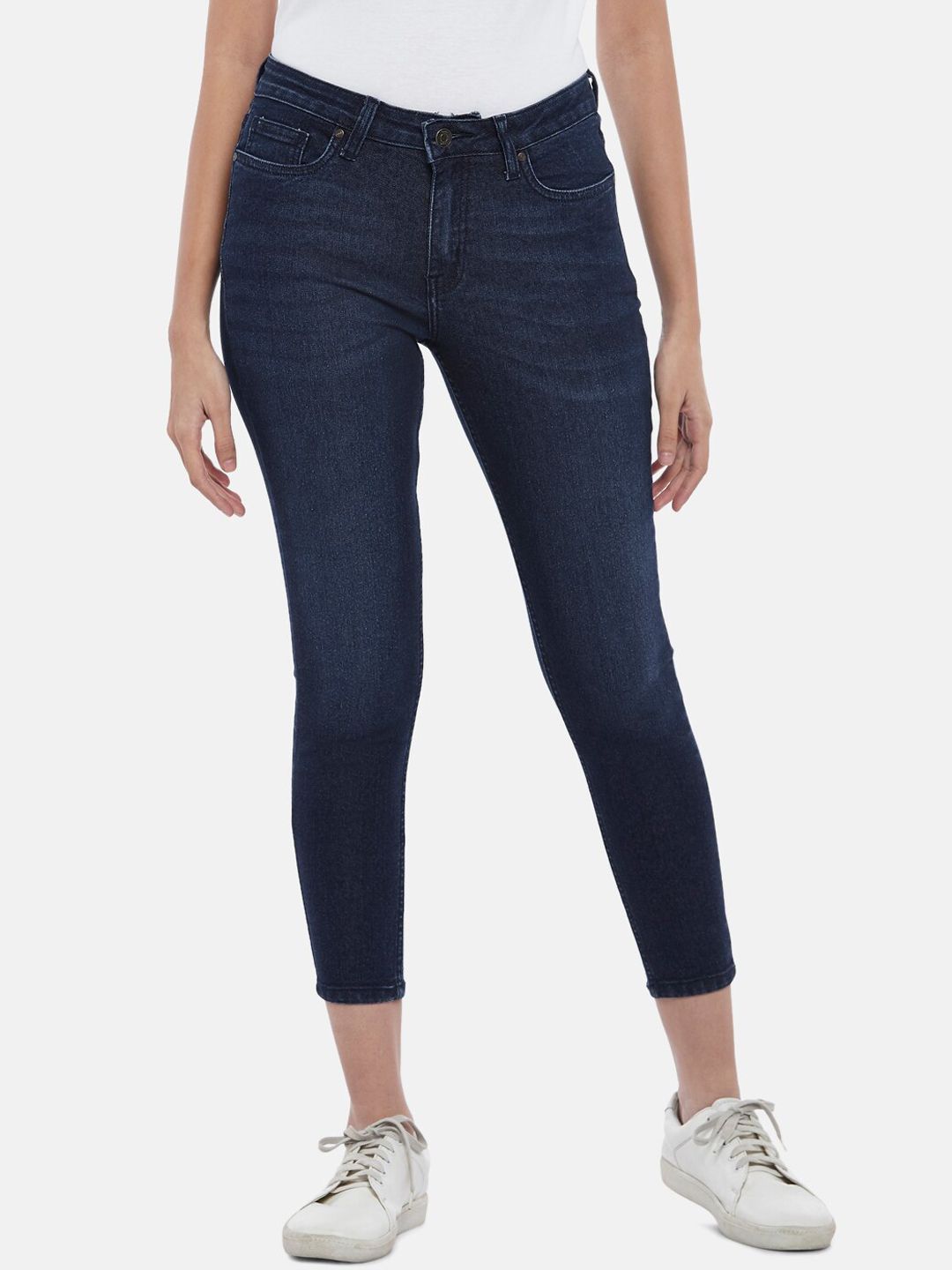 People Women Navy Blue Slim Fit Pure Cotton Jeans Price in India