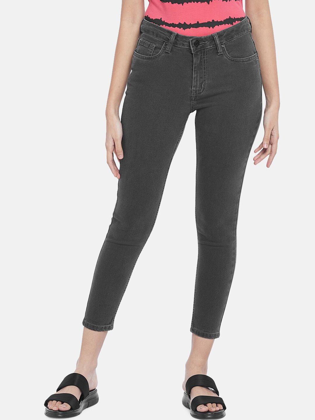 People Women Grey Slim Fit Pure Cotton Jeans Price in India