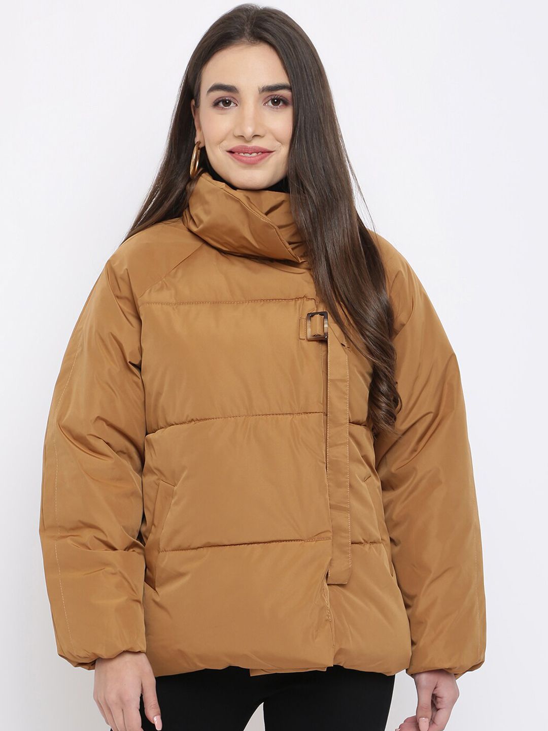 iki chic Women Brown Windcheater Longline Outdoor Padded Jacket Price in India