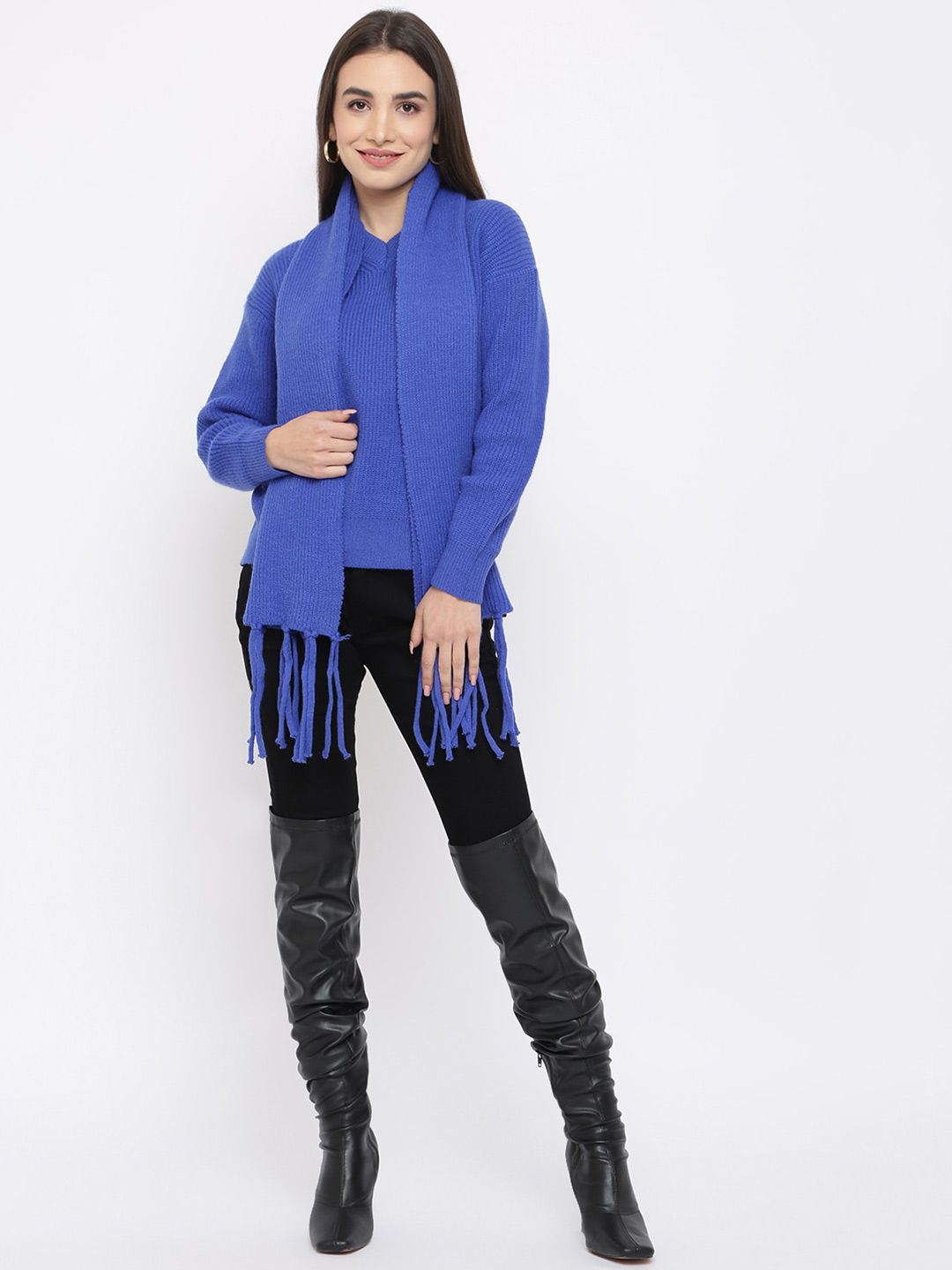 iki chic Women Blue Solid Pullover with Muffler Price in India