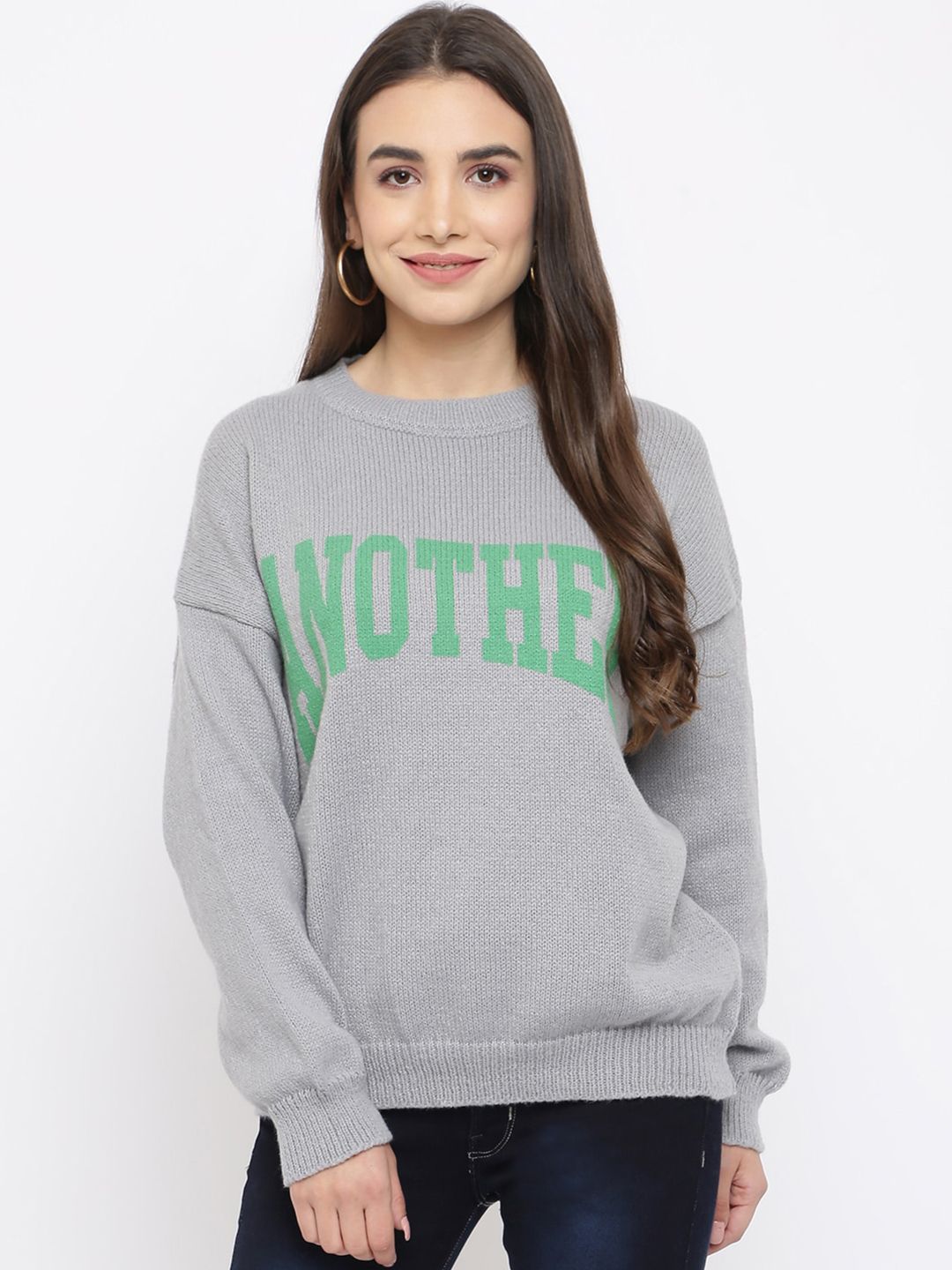 iki chic Women Grey & Green Typography Cotton Pullover Price in India