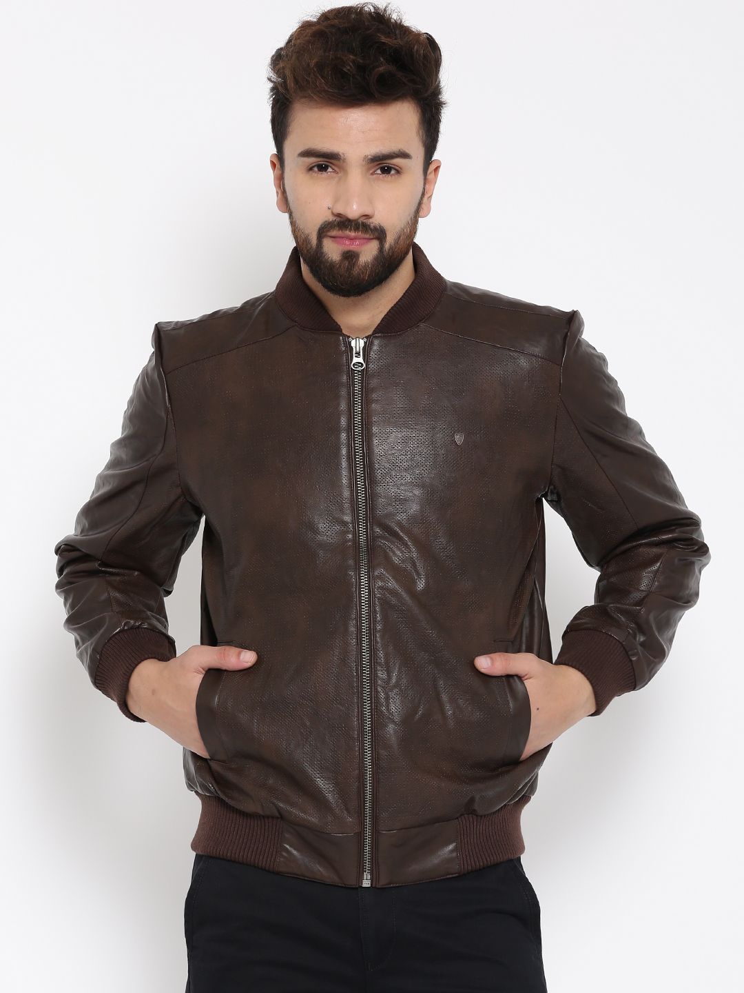 Buy SPYKAR Brown Perforated Faux Leather Bomber Jacket - Jackets