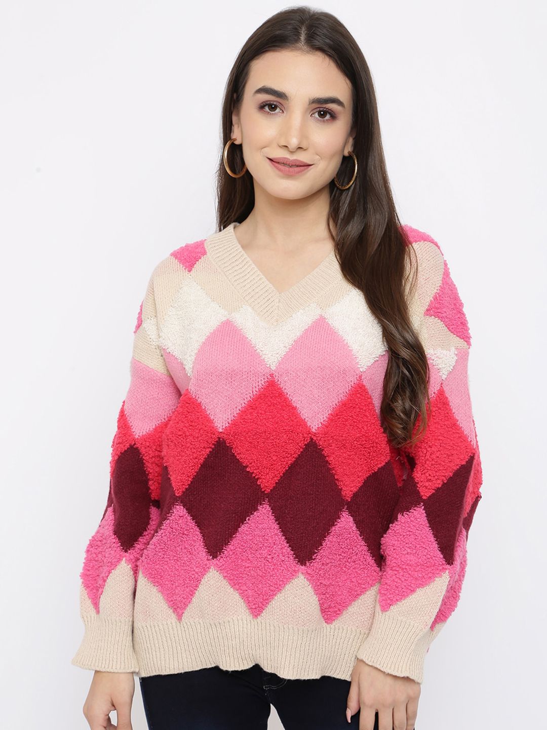 iki chic Women Red & Pink Diamond Print Oversized Pullover Price in India