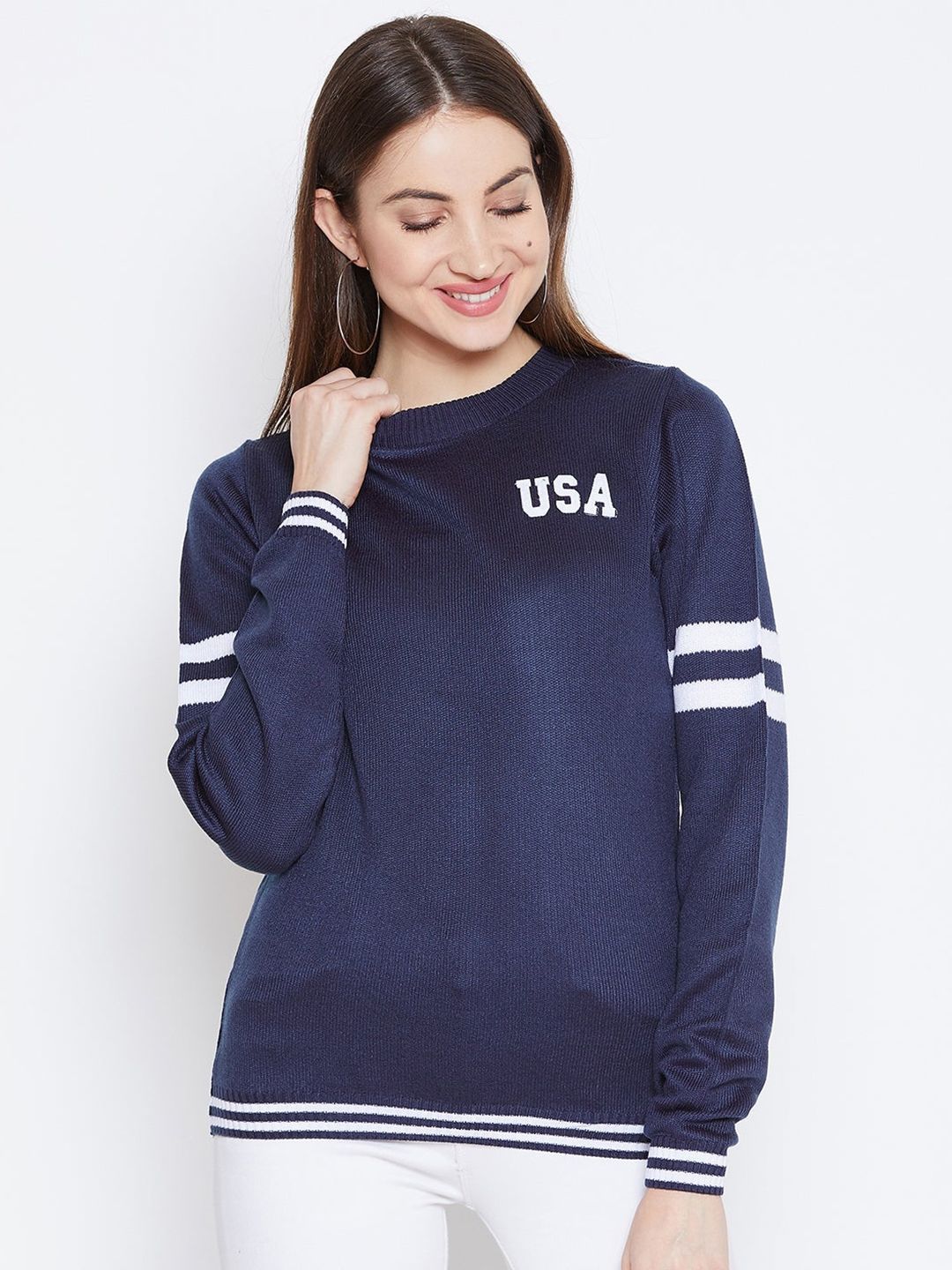 JUMP USA Women Navy Blue & White Solid Pullover Sweater Price in India