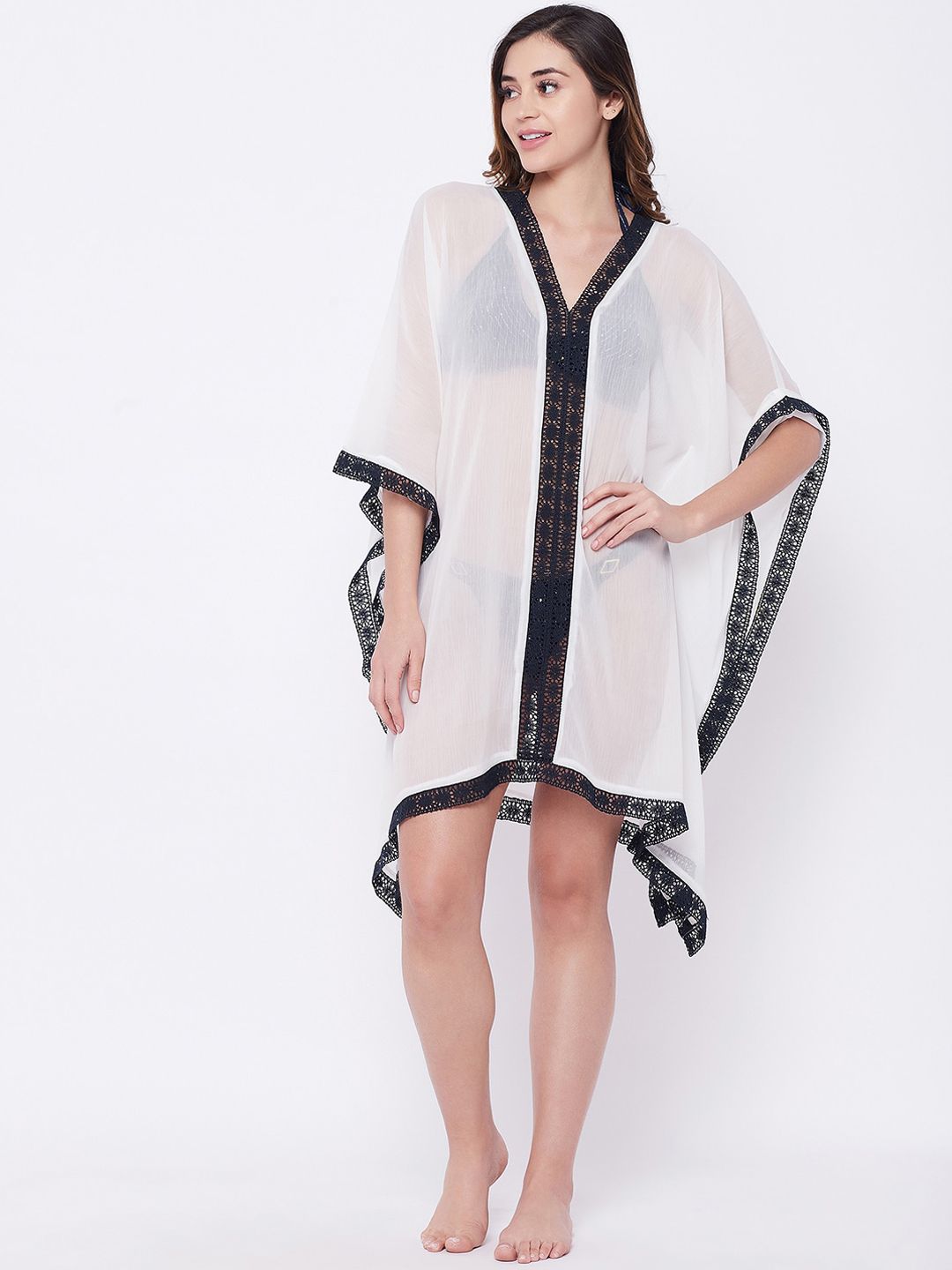 SECRETS BY ZEROKAATA Women White & Black Sheer Chiffon Cover Up Dress Price in India