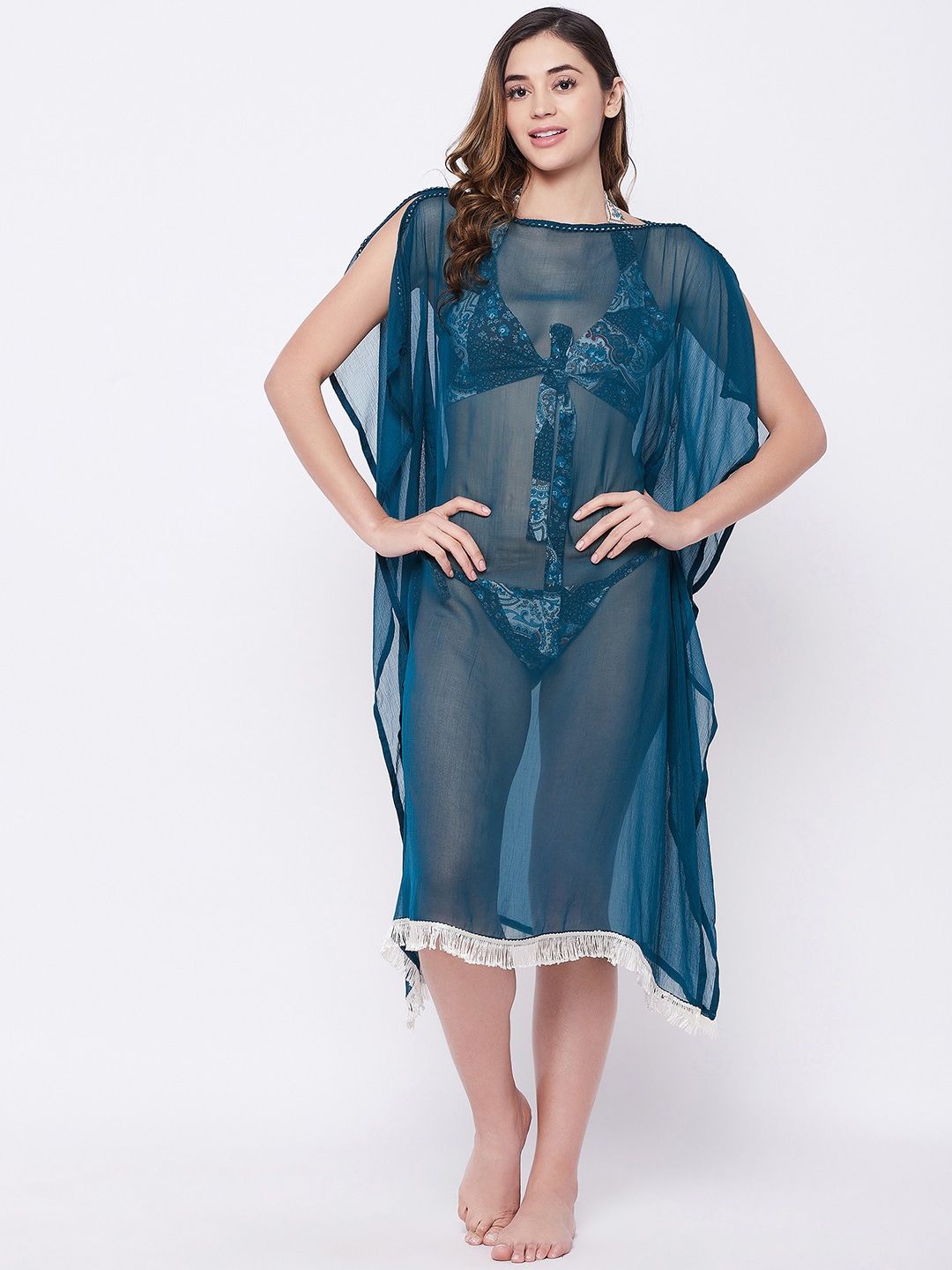SECRETS BY ZEROKAATA Women Blue Solid Fringe Cover Up Dress Price in India