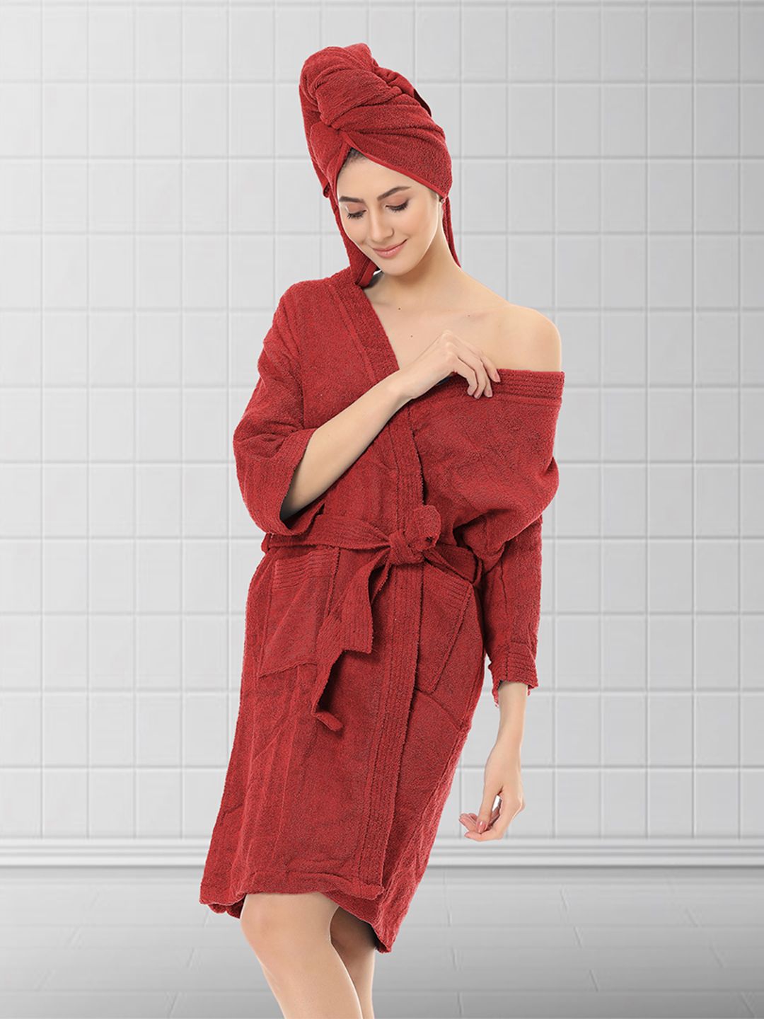 Aura Burgundy Solid Terry Cotton Bath Robe With Hair Wrap Price in India