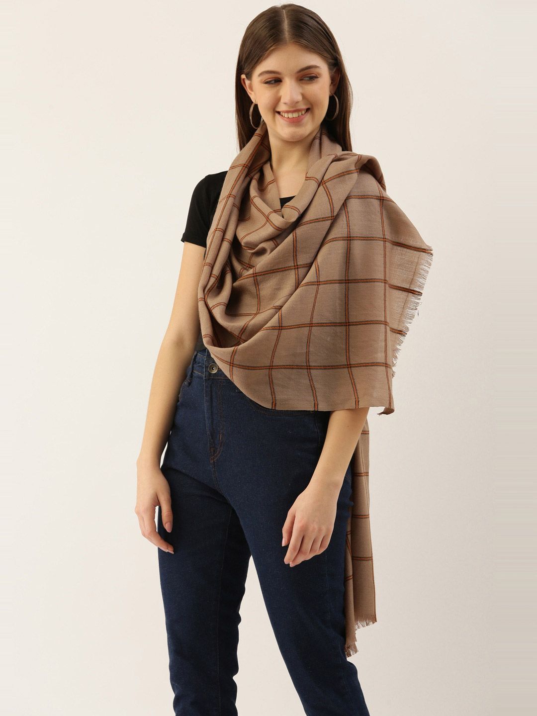 Pashmoda Women Beige & Orange Checked Stole Price in India