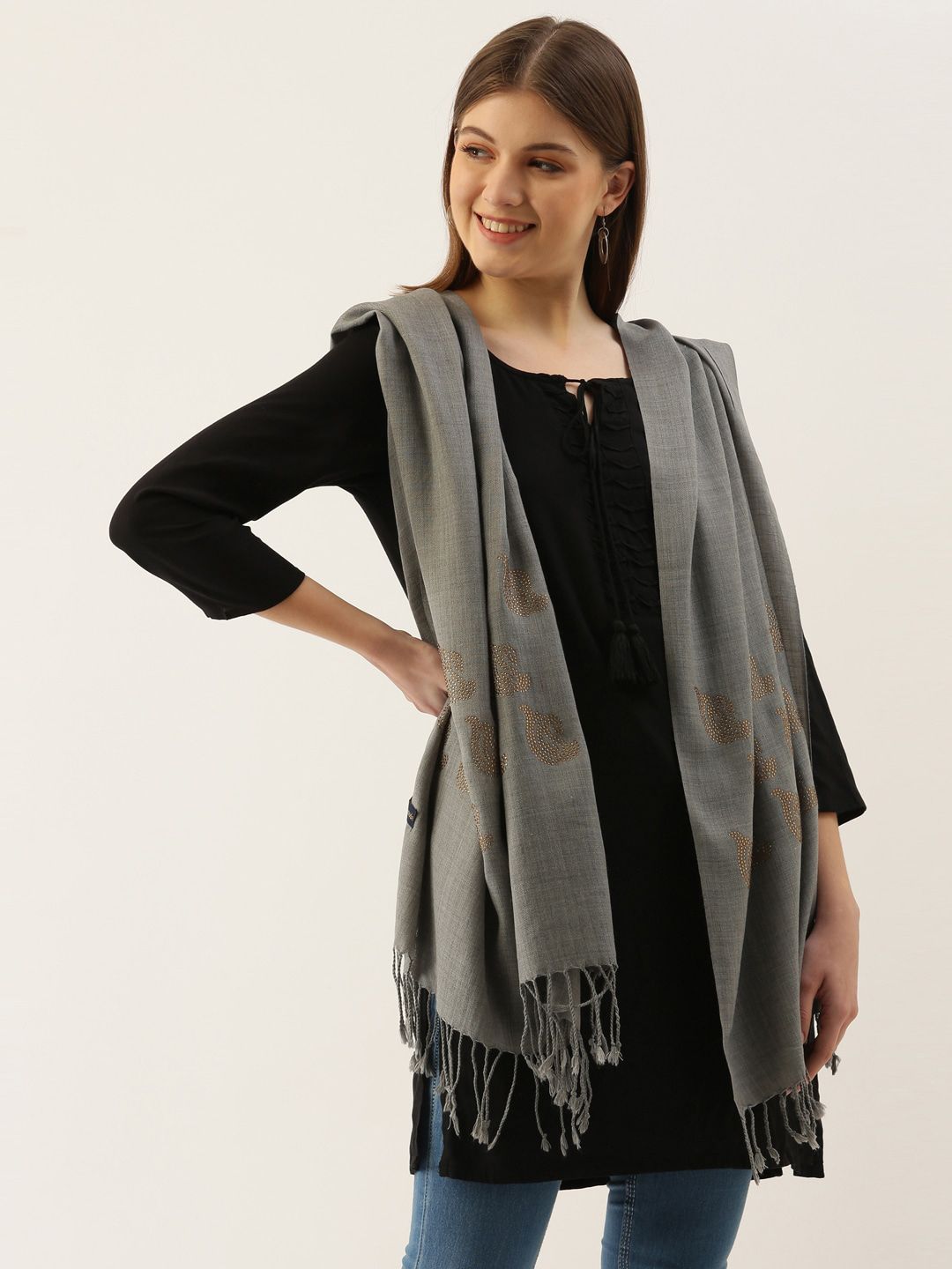 Pashmoda Women Grey Embellished Wool Stole Price in India