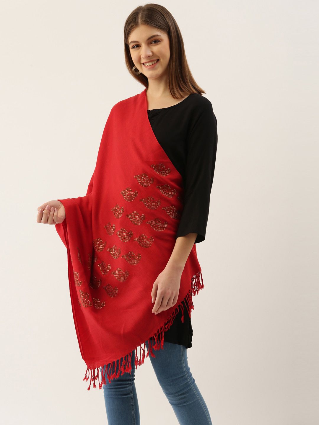 Pashmoda Women Red & Gold-Toned Embellished Stole Price in India