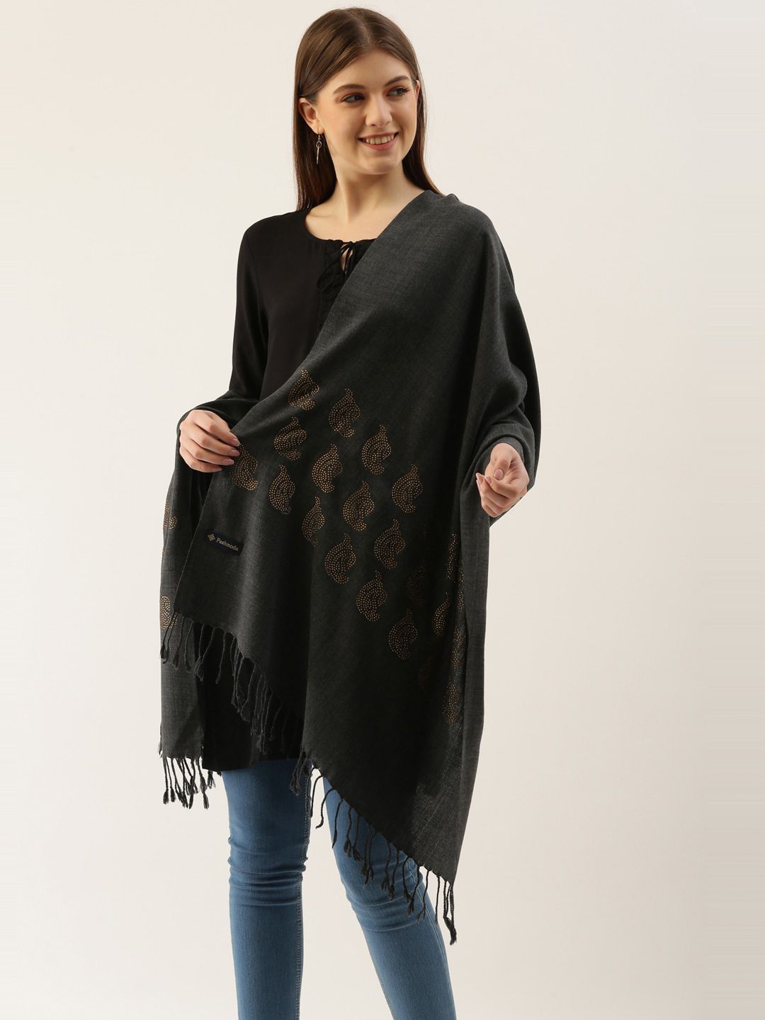 Pashmoda Women Grey Embroidered Stole Price in India