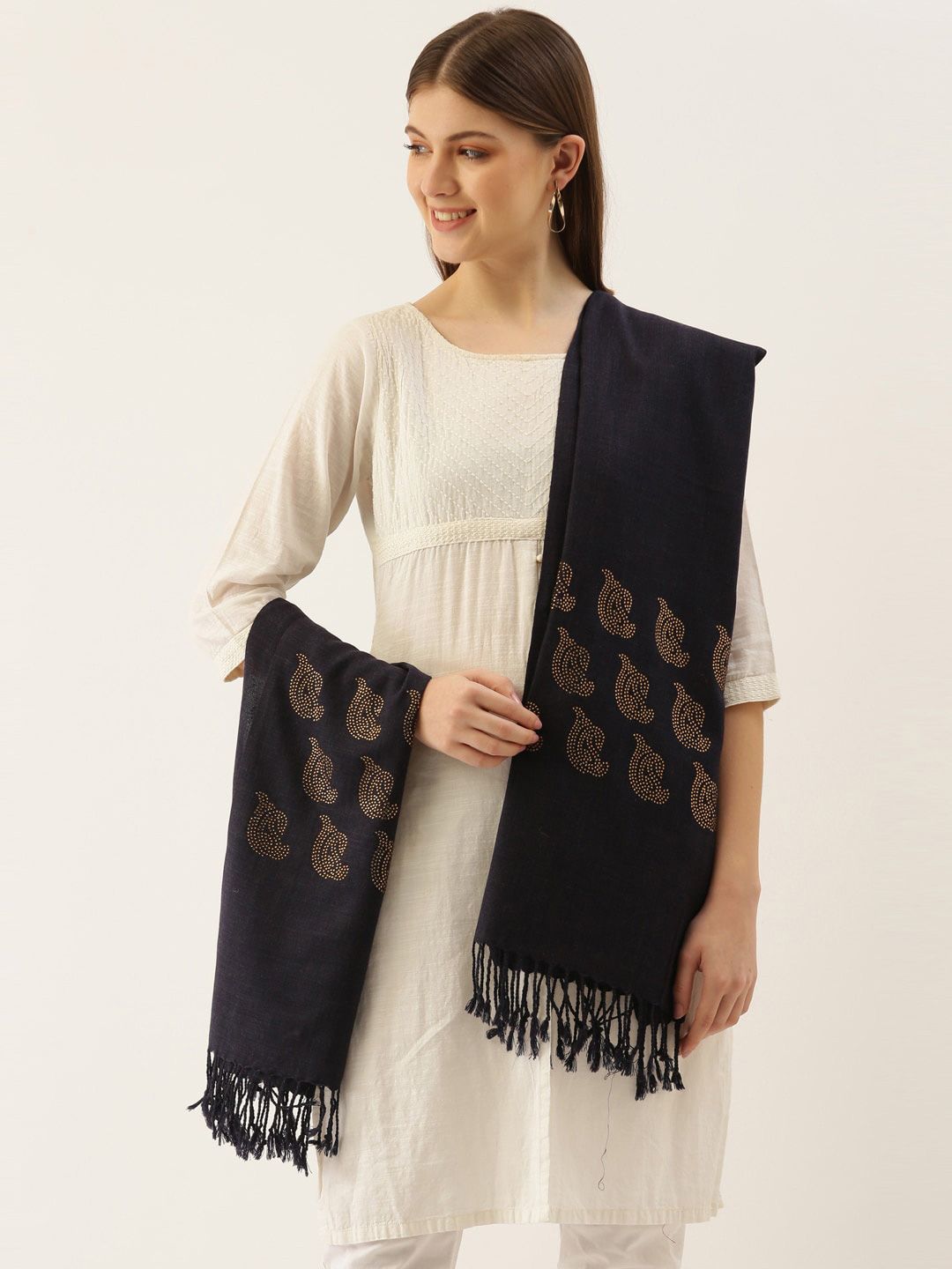 Pashmoda Women Black & Gold-Toned Wool Crystal Embellished Stole Price in India