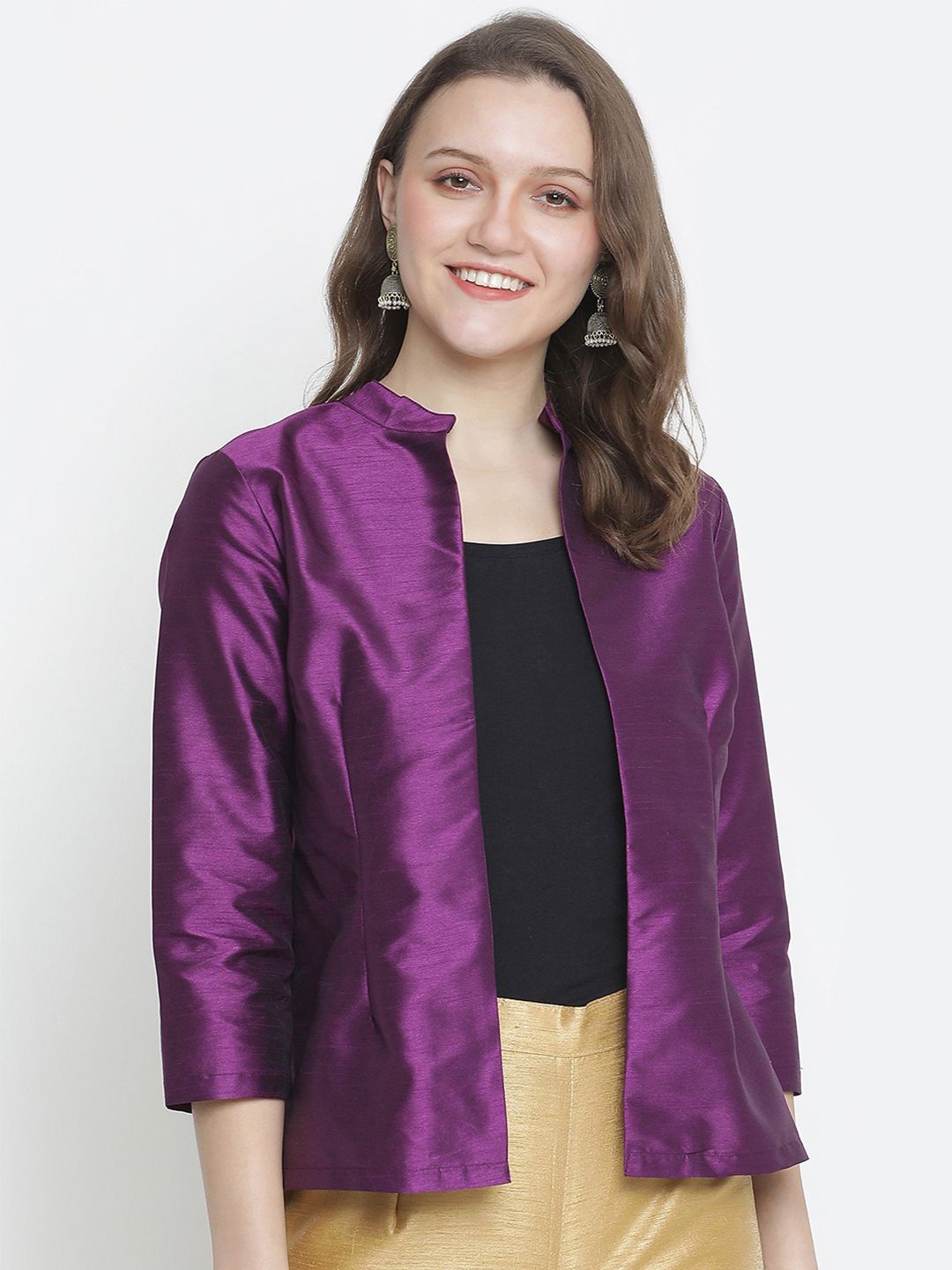 Oxolloxo Women Solid Polyester Dupion Silk Purple Shrug Price in India