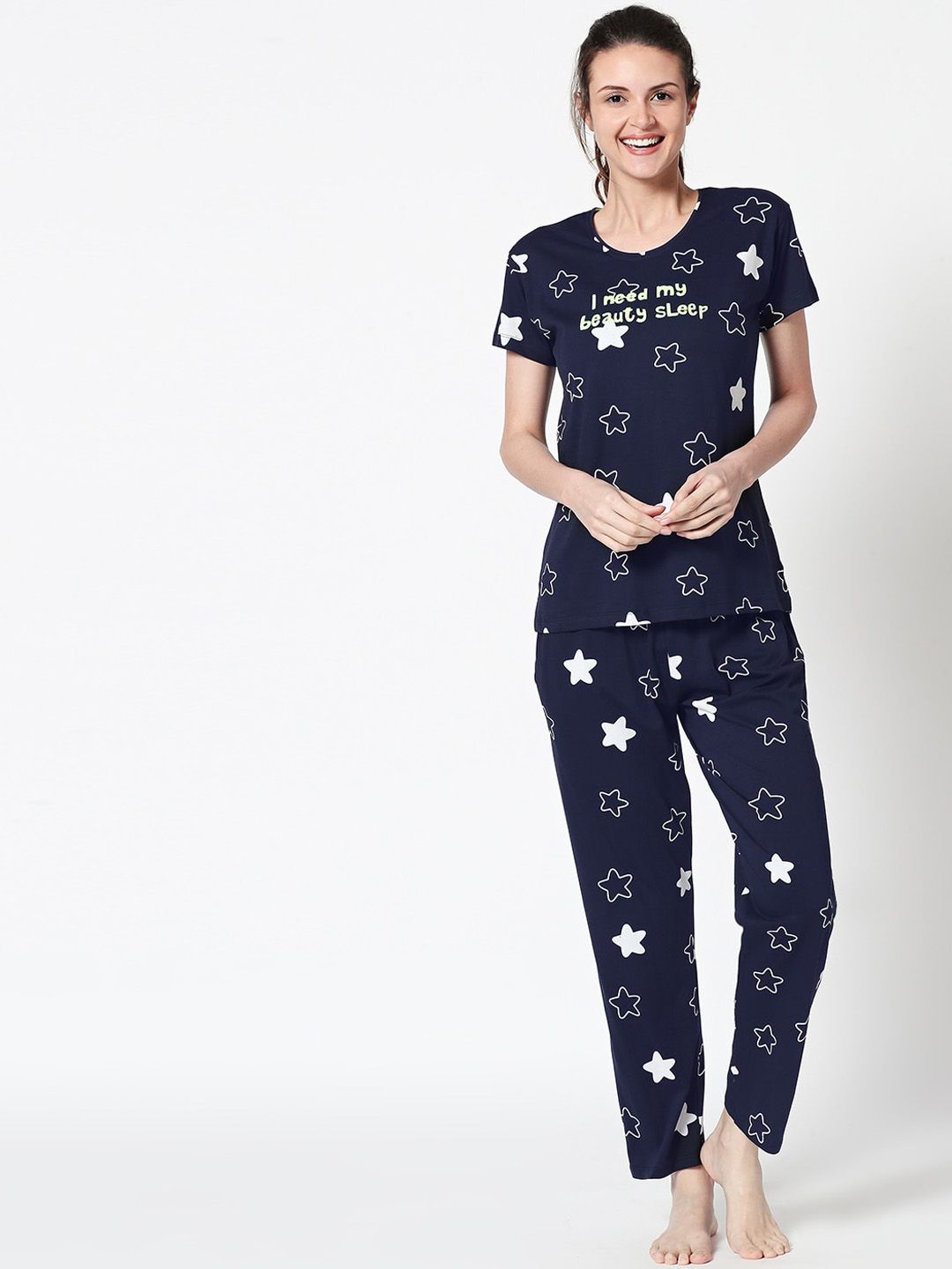 Zeyo Women Navy Blue White Star Printed Night suit Price in India