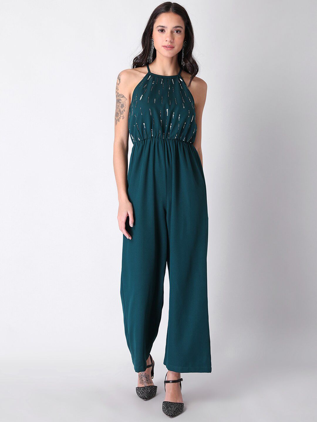 FabAlley Women Green Halter Neck Embellished Basic Jumpsuit Price in India
