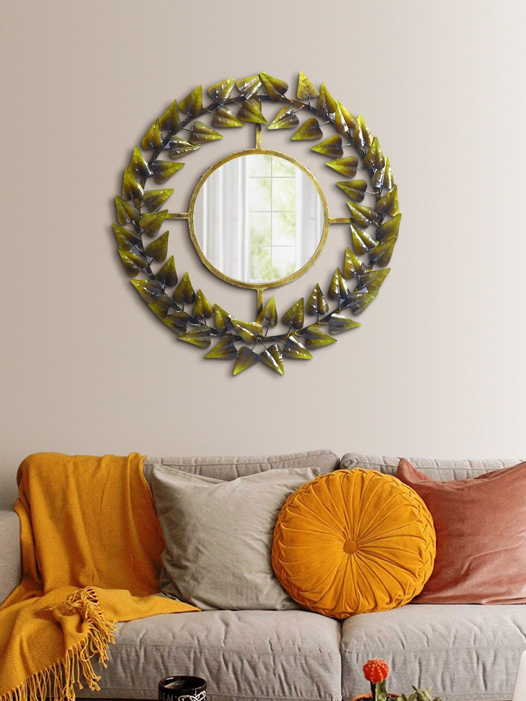 Aapno Rajasthan Gold-Toned Patterned Round Wall Mirror Price in India