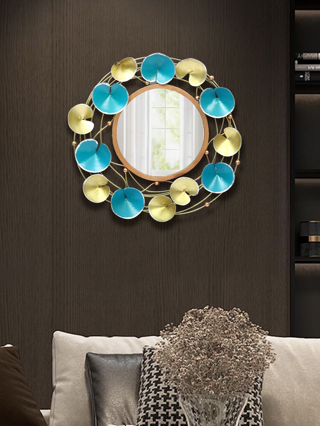 Aapno Rajasthan Gold-Toned & Blue Patterned Wall Mirror Price in India