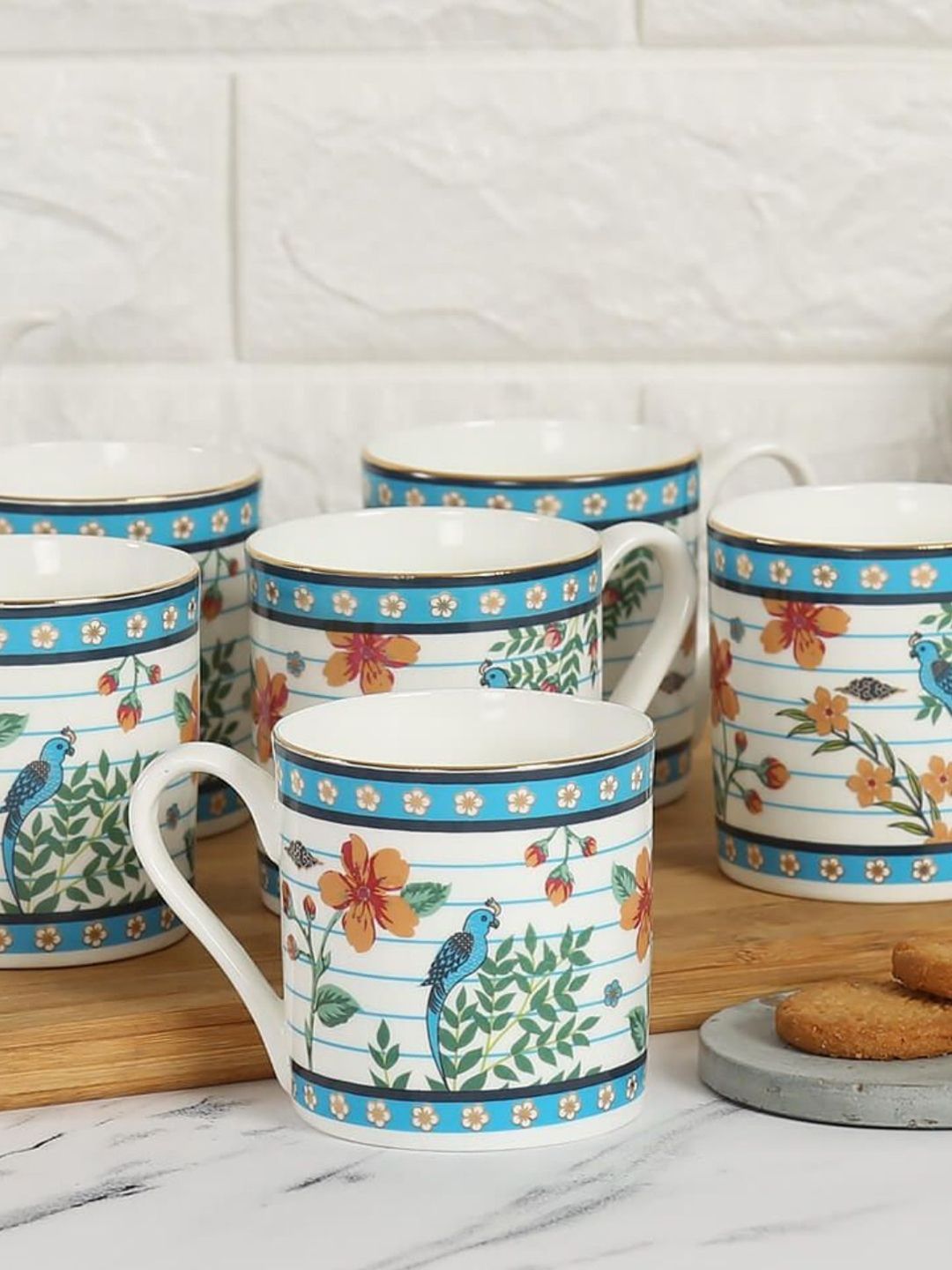 India Circus Blue & White Floral Printed Set of 6 Ceramic Glossy Cups Price in India