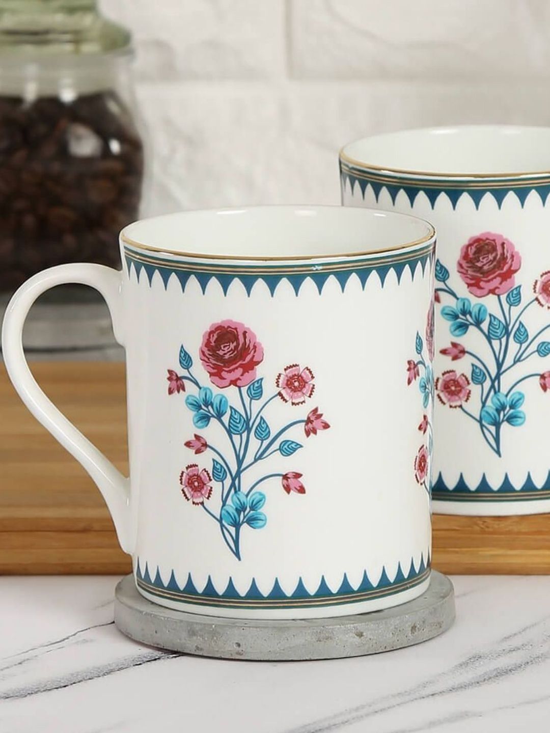 India Circus White & Green Floral Printed Set of 2 Ceramic Glossy Mugs Price in India