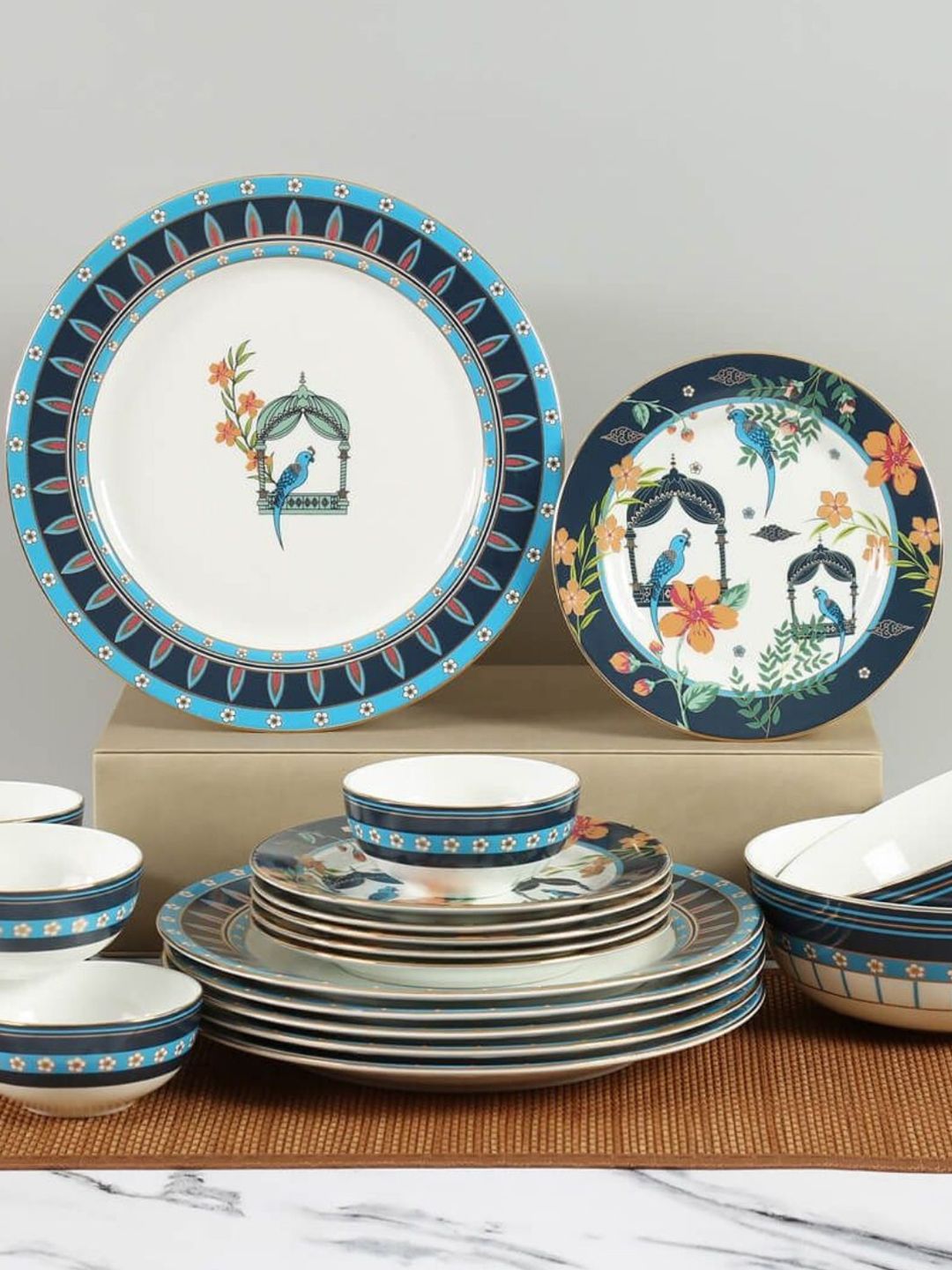 India Circus Multicoloured & Blue 20 Pieces Floral Printed Ceramic Glossy Dinner Set Price in India