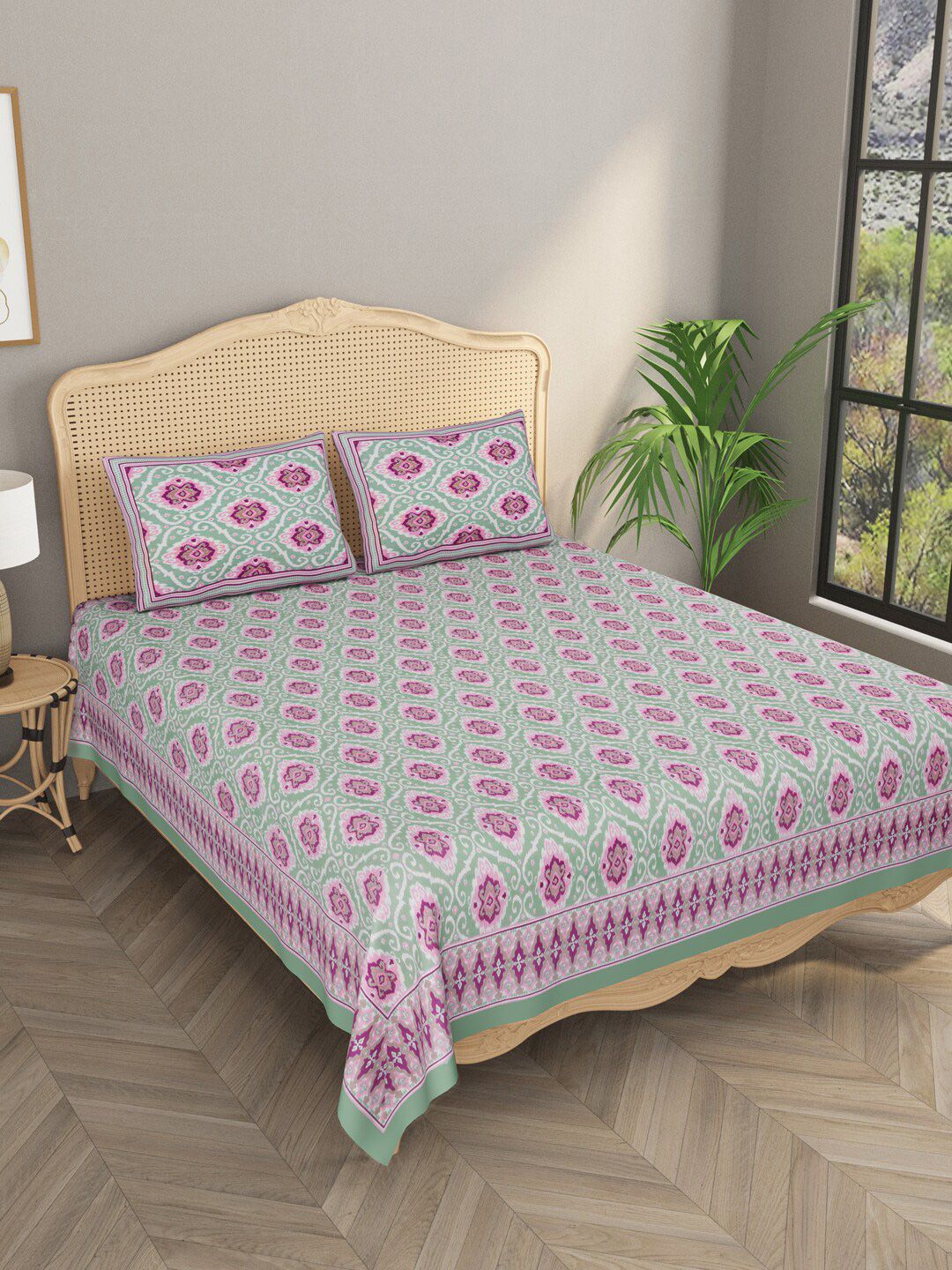 Gulaab Jaipur Green & Magenta ikat printed 600 TC King Bedsheet with 2 Pillow Covers Price in India