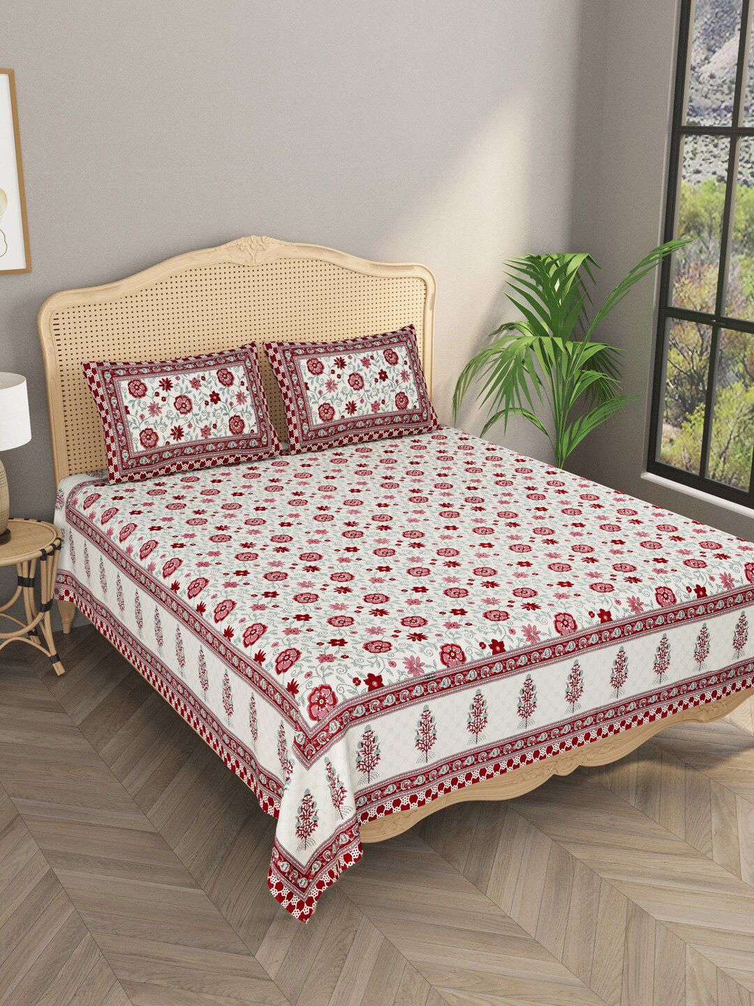 Gulaab Jaipur Cream-Coloured & Red Floral Cotton 600 TC King Bedsheet with 2 Pillow Covers Price in India