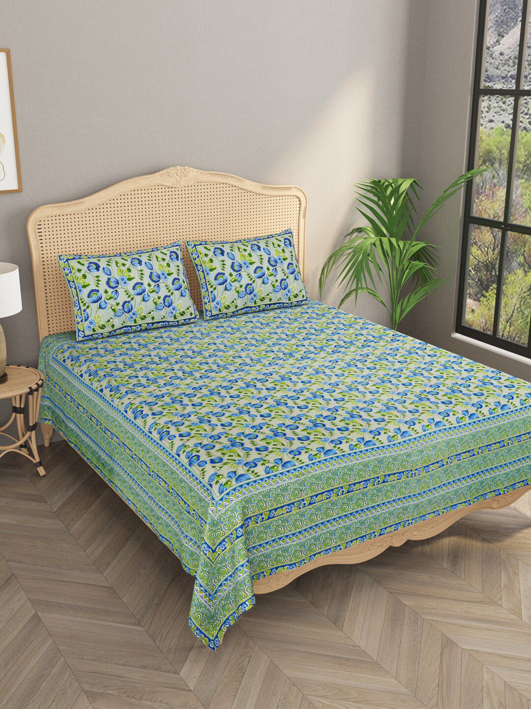 Gulaab Jaipur Green & Blue Ethnic Motifs 600 TC King Bedsheet with 2 Pillow Covers Price in India