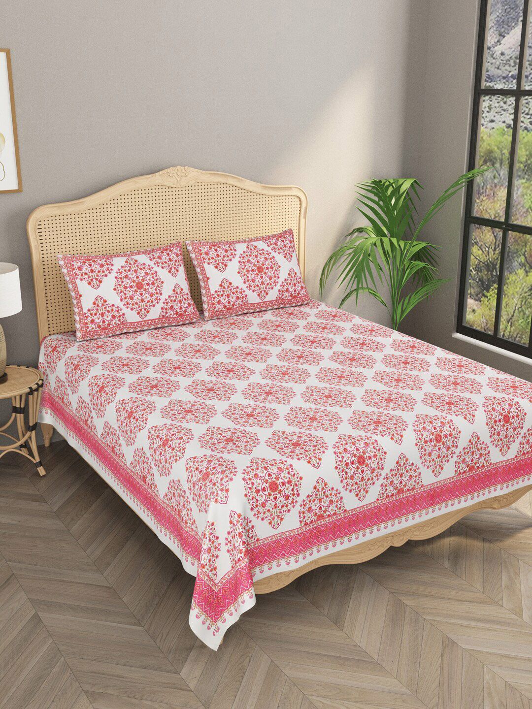 Gulaab Jaipur Red & White Ethnic Motifs 600 TC Cotton King Bedsheet with 2 Pillow Covers Price in India